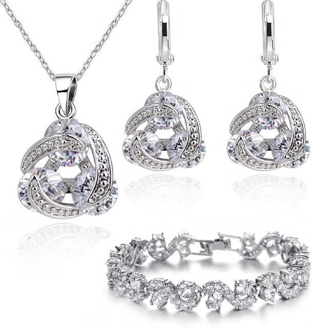 Crystalline Azuria Women 18ct White Gold Plated White Cubic Zirconia Crystals Wedding Jewellery Sets for Brides Necklace Pendant Earrings Bracelet Set Costume Jewellery