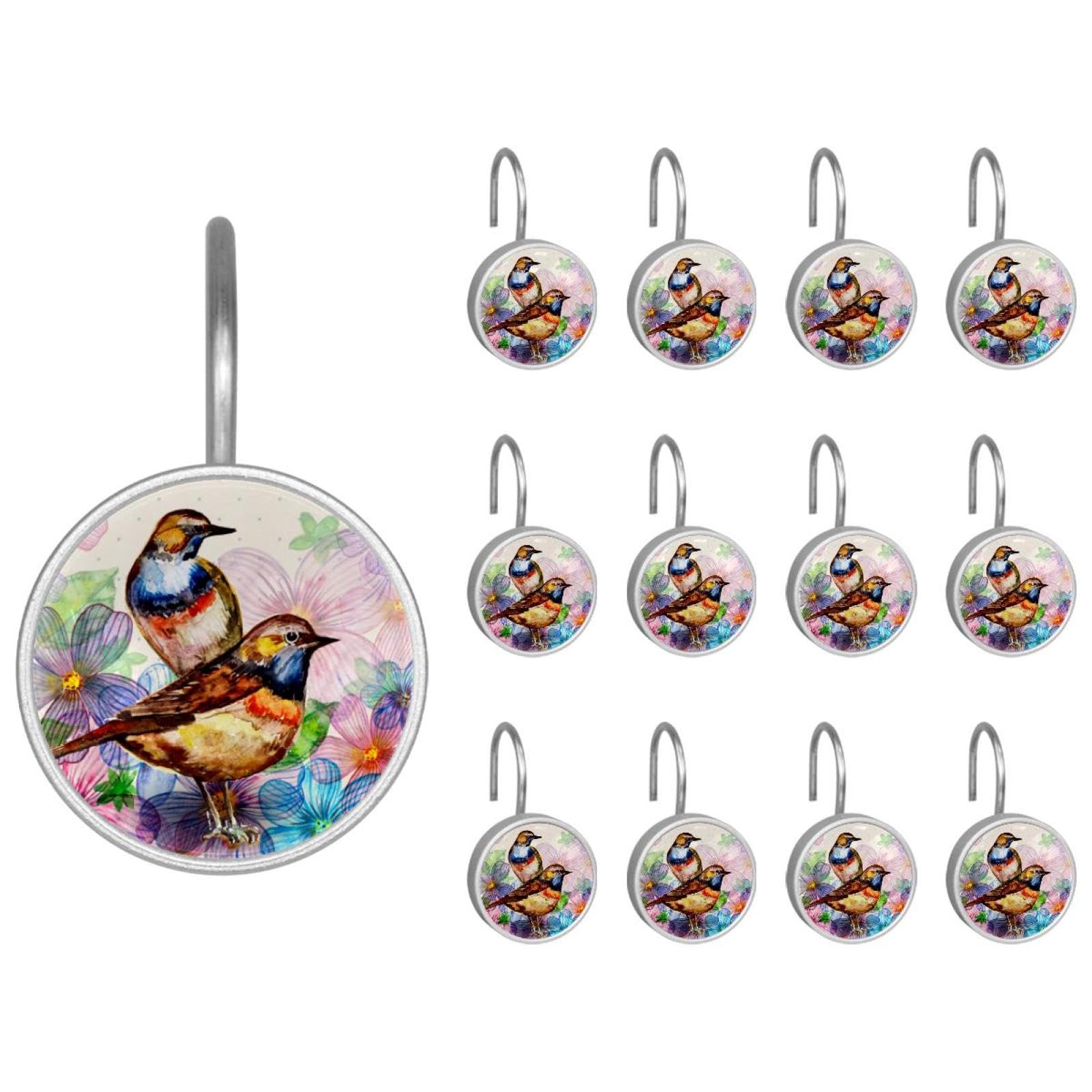 Crochets de rideau de douche poétiques oiseaux aquarelle en inox durable