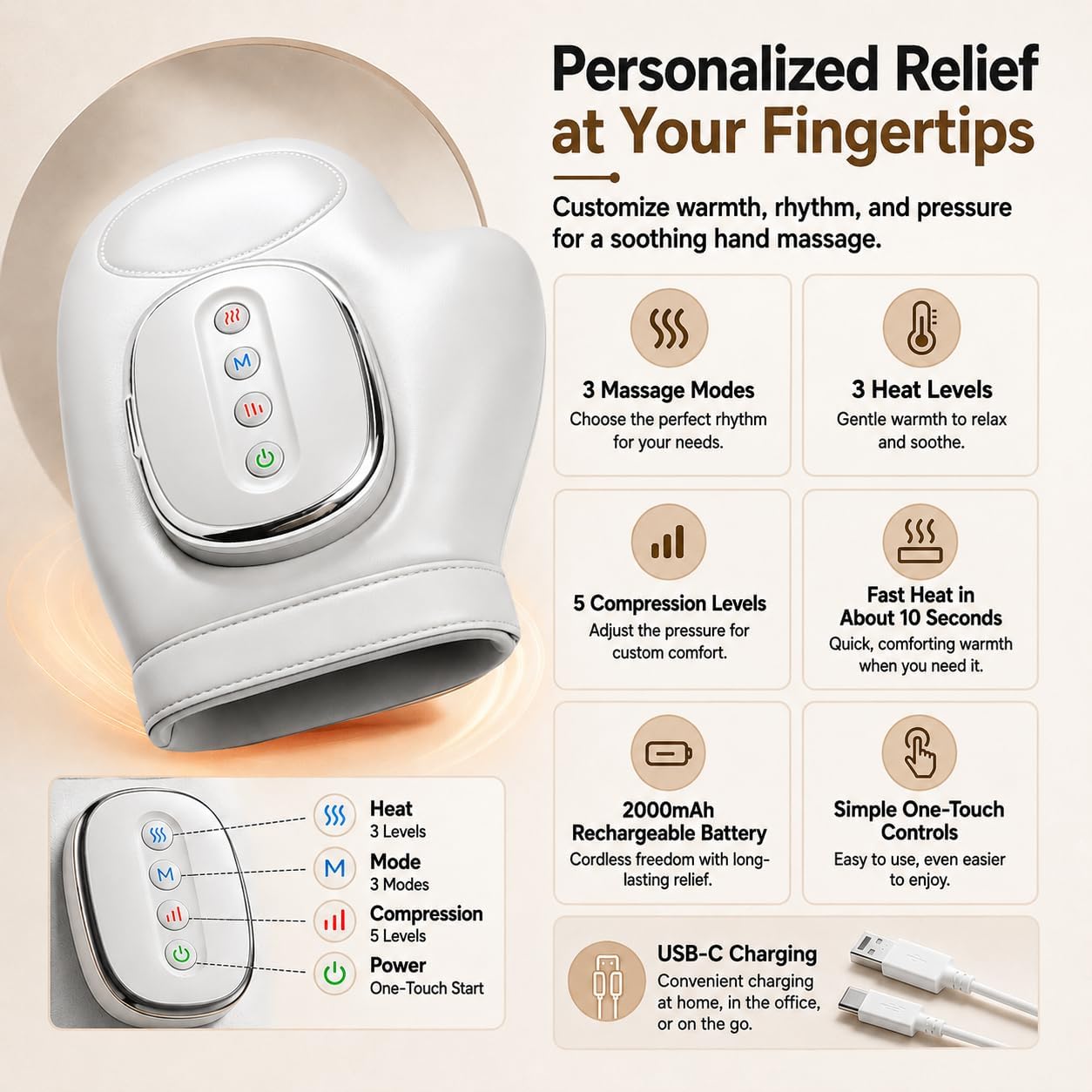 Hand Massager with Heat and Compression, Cordless Electric Hand Massager for Arthritis and Carpal Tunnel Relief, Rechargeable Hand and Wrist Massager for Home Office Travel