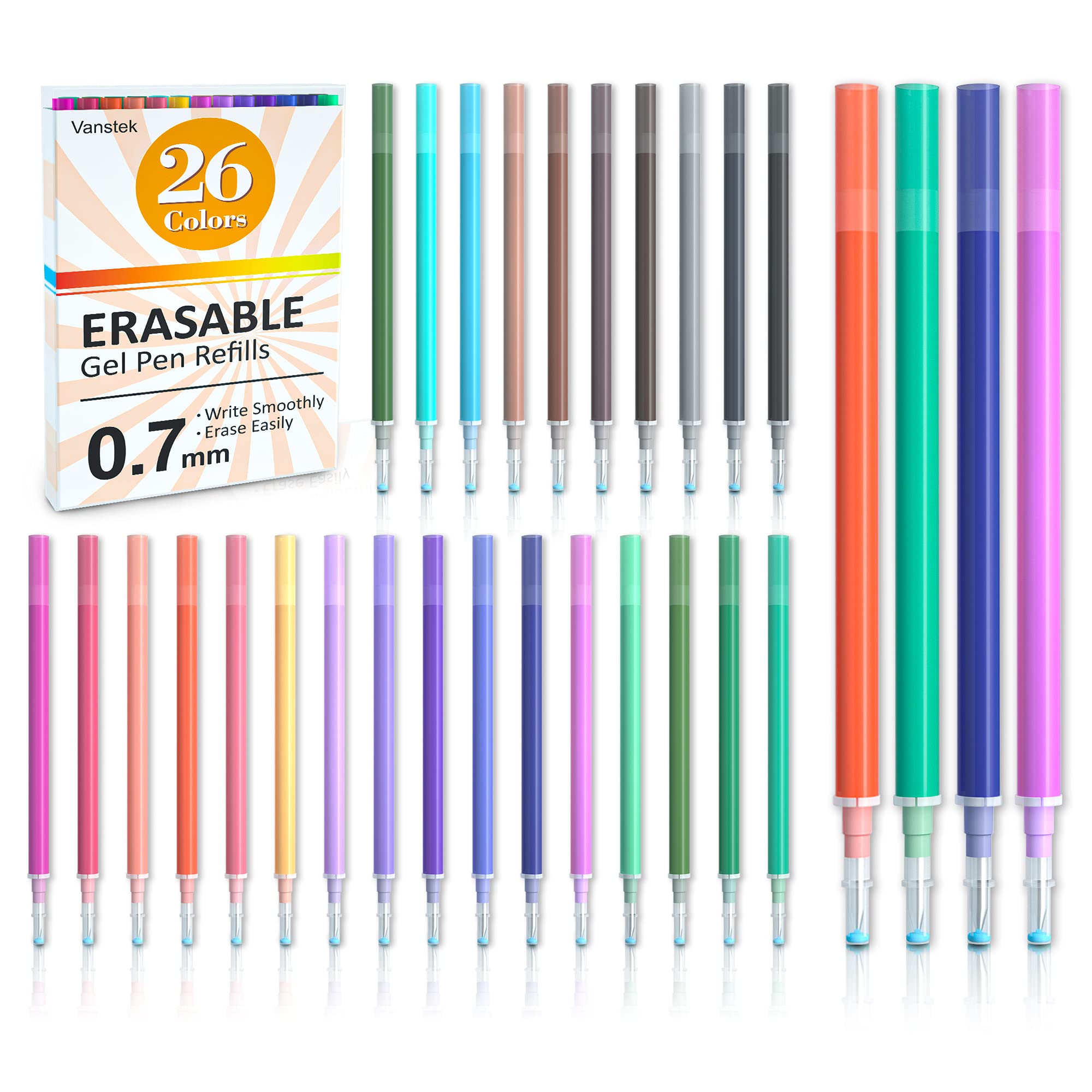 Vanstek 26 Assorted Colors Erasable Pen Refills, Gel Ink Refills Compatible with Erasable Pens, Fine Point 0.7 mm, Perfect for Writing Planner &