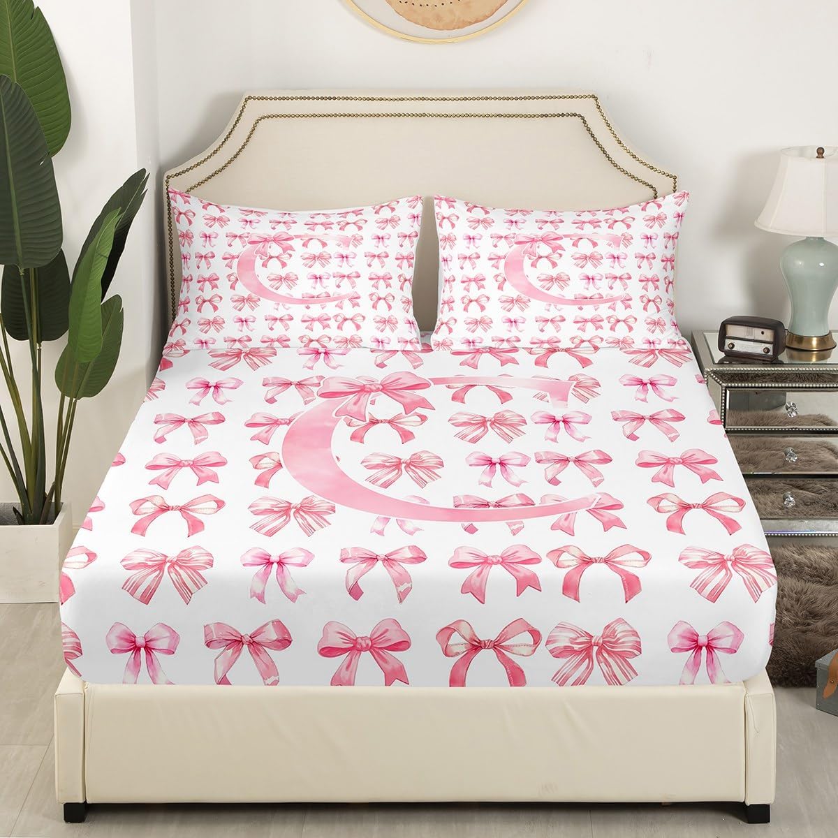 Initial Letter C Fitted Sheet Set Full Size 4 Pcs,Monogrammed Present for Kids Girls Toddler Bed Sheet Set,Coquette Pink Bow Bedding Set with 1 Flat Sheet 2 Pillowcases