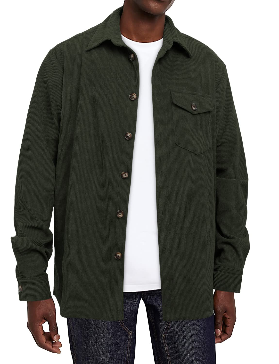 Linvich Men's Button Down Corduroy Shirts Casual Long Sleeve Shacket Jackets with Flap Pocket