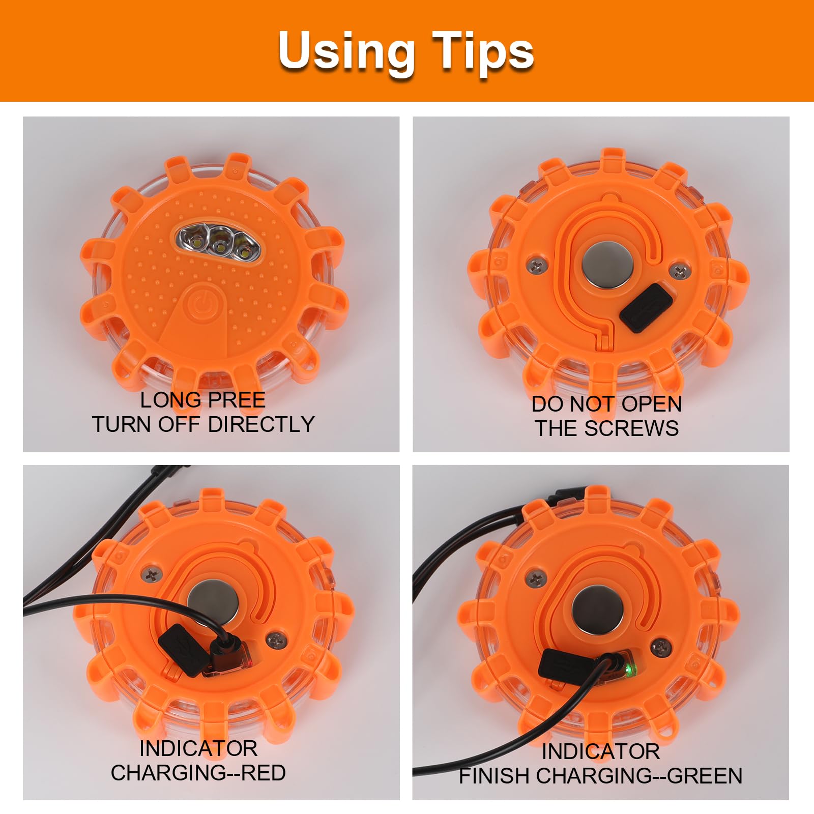 6 x luz emergencia LED con imán y gancho, cargador USB C para coche y cable de carga 3 en 1 con 9 modos de destello, luz de advertencia para coche, camión, autocaravana, alpinismo