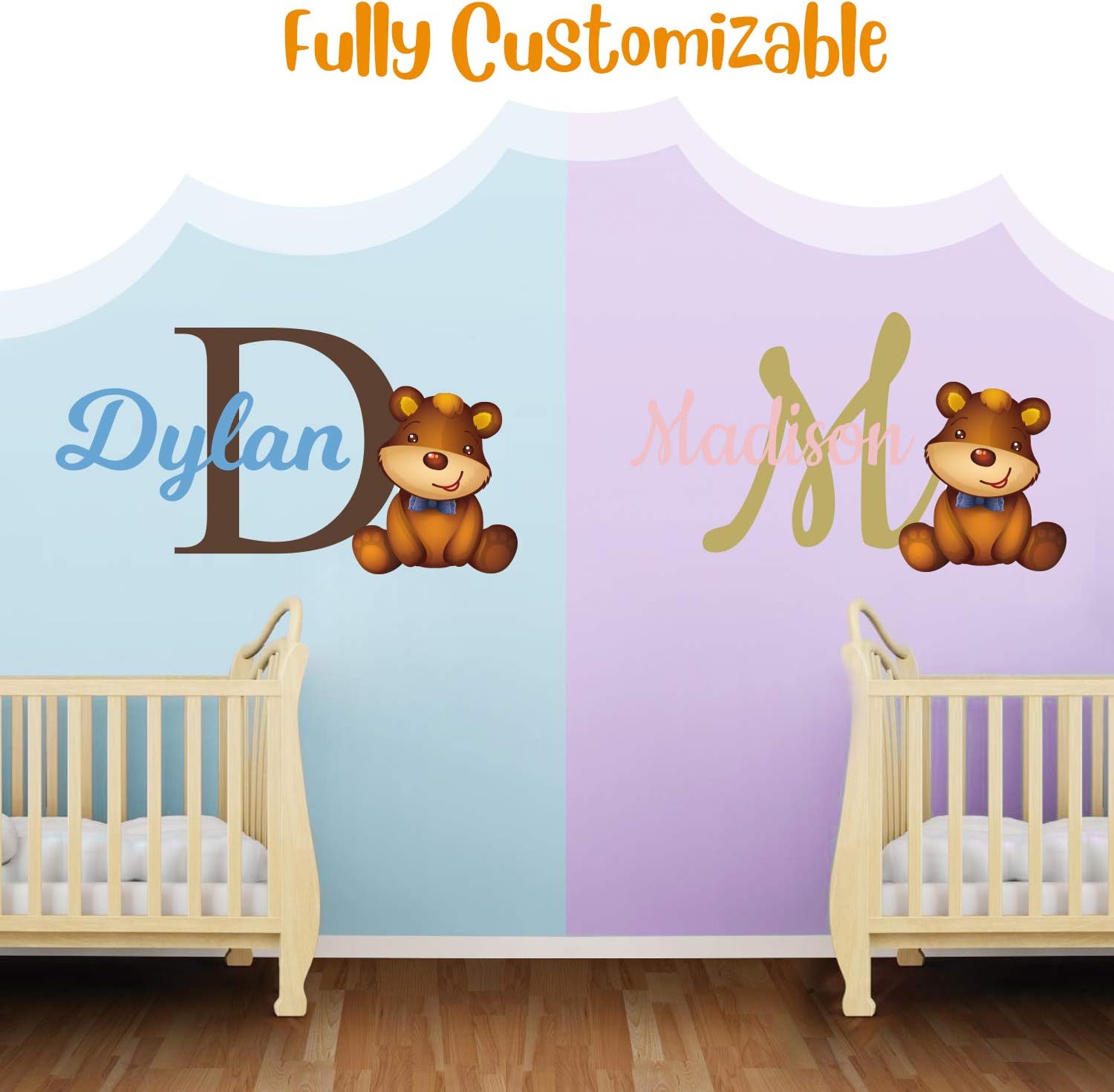 Custom Name & Initial Teddy Bear Wall Decals I Cute Nursery Decor I Baby Boy & Baby Girl Room Decor I Teddy Bear Baby Shower Decorations I Bear Wall Decor (Wide 42" x 22" Height)