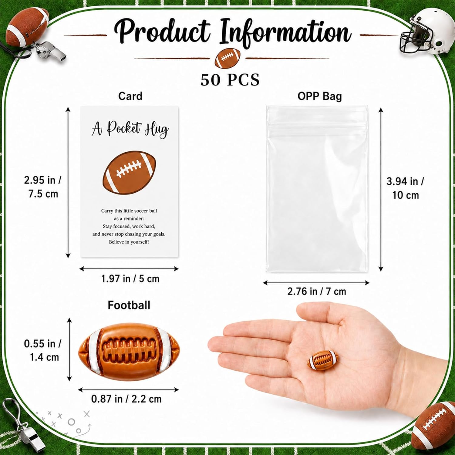50 Pack Football Pocket Hug Resin Tokens with Cards