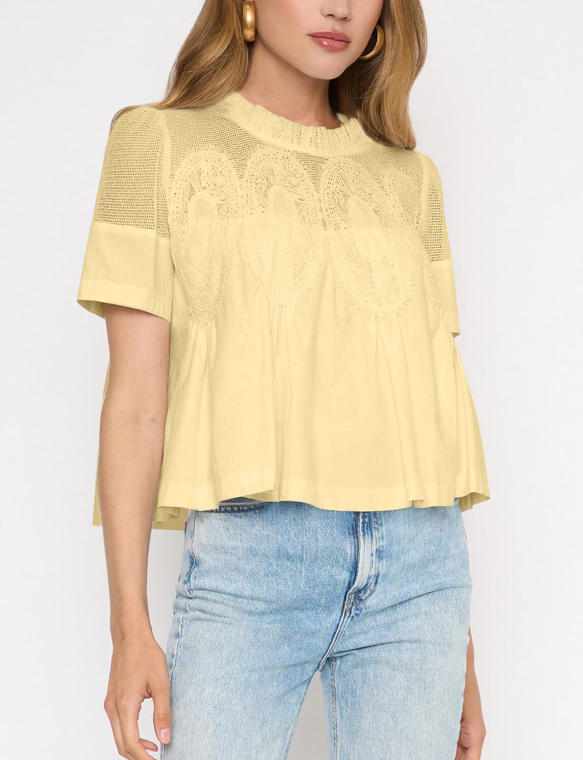 Women's Babydoll Tops Short Sleeve Lace Detail Blouses Flared Pleated Swing Sheer Mesh Shirts - Image 2