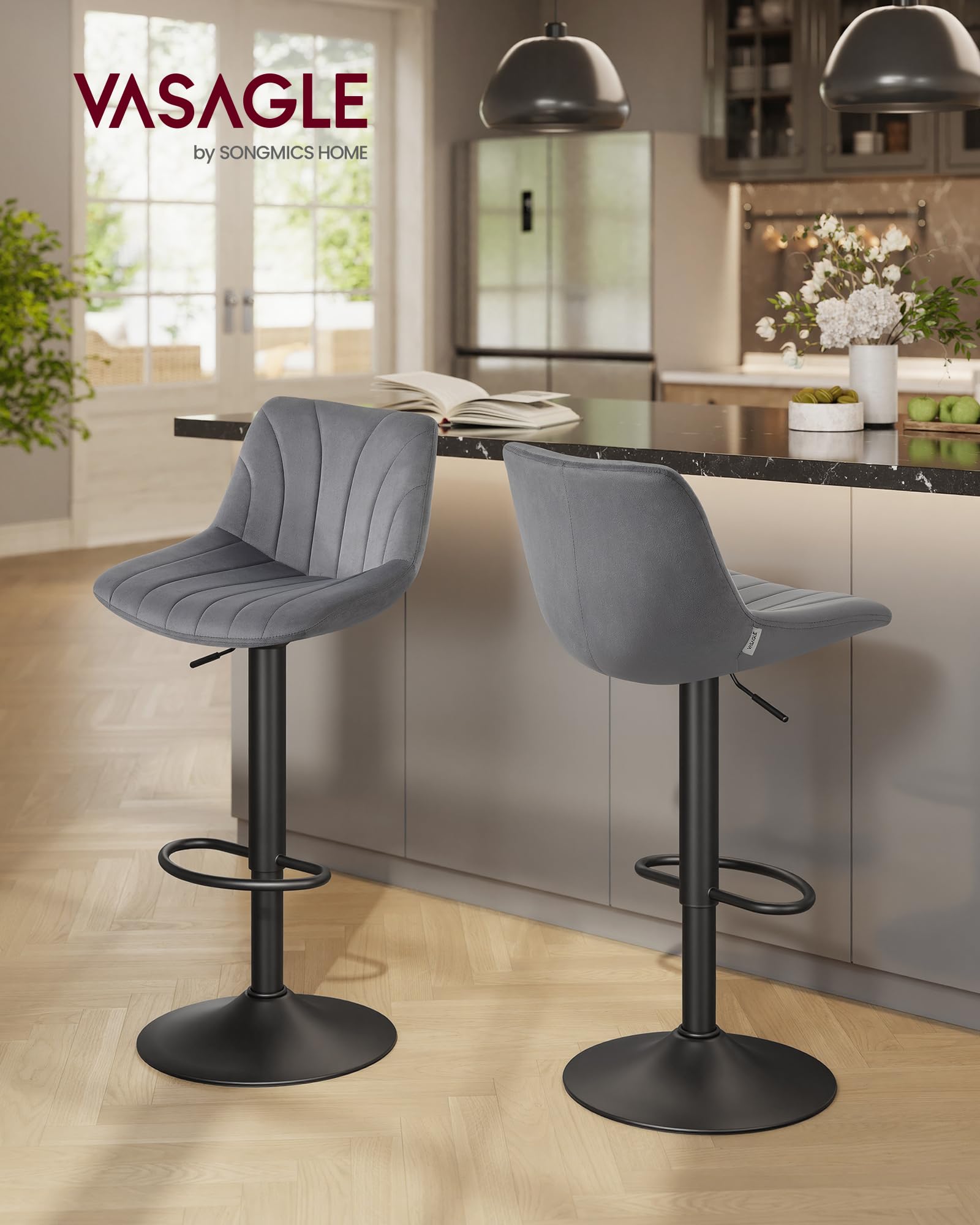 VASAGLE Barhocker 2er Set, Barstuhl mit Rückenlehne, Küchenhocker, höhenverstellbar, um 360° drehbar, Fußstütze aus Metall, für Esszimmer, Küche, Samt-Bezug, schiefergrau LJB161GN01