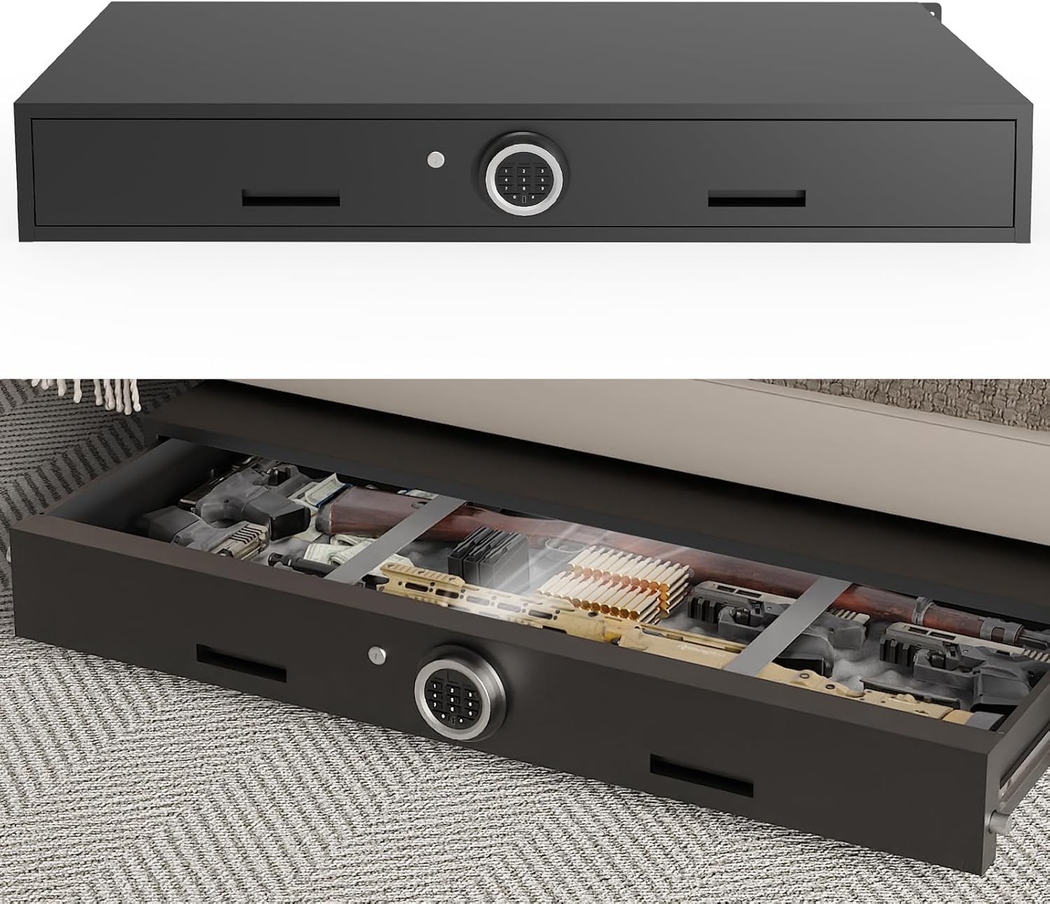 7.1"H Gun Safe for Handgun,Under Bed Gun Safe for Rifles & Pistols,Drawer Safe with LED Light & Digital Panel,Shotgun Cabinet with Mute & Alarm.Quick Access