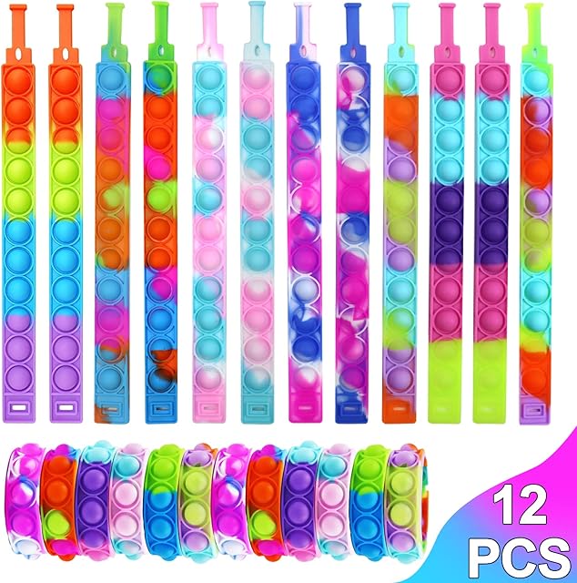 cykapu 12PCS Pop Bracelet it Fidget Toys Pack, Silicone Rainbow Wearable Push Popper Bubbles Fidget Sensory Toy for Kids & Adults