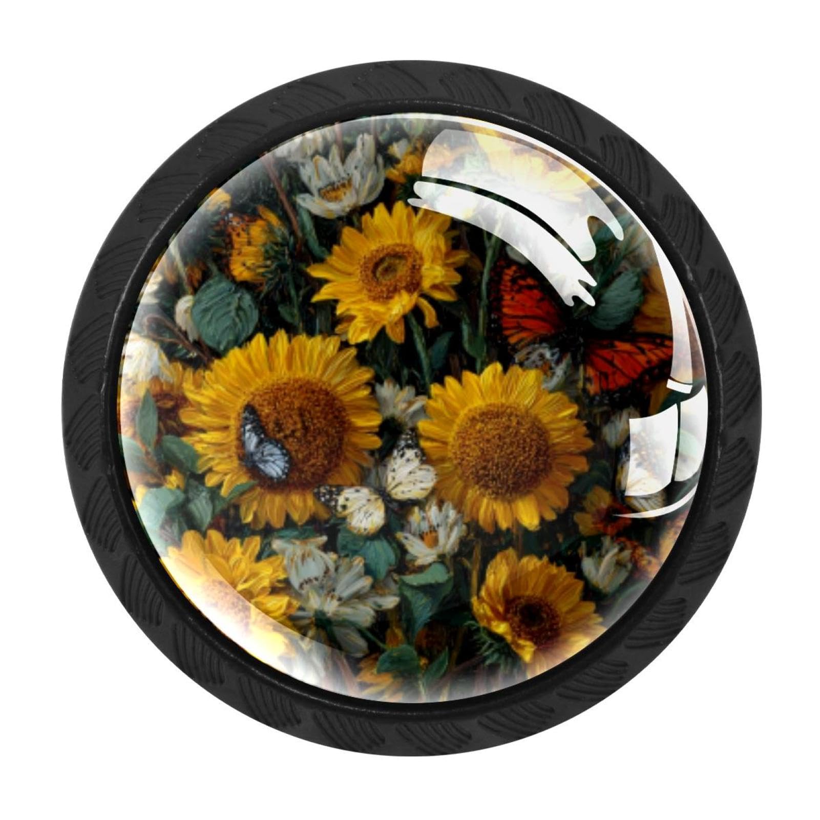 CHENZZZZ Butterflies Sunflowers (1) Cabinet Knobs 4 Pieces Drawer Kitchen Cabinets Dresser Cupboard Wardrobe Unique Pulls Handles