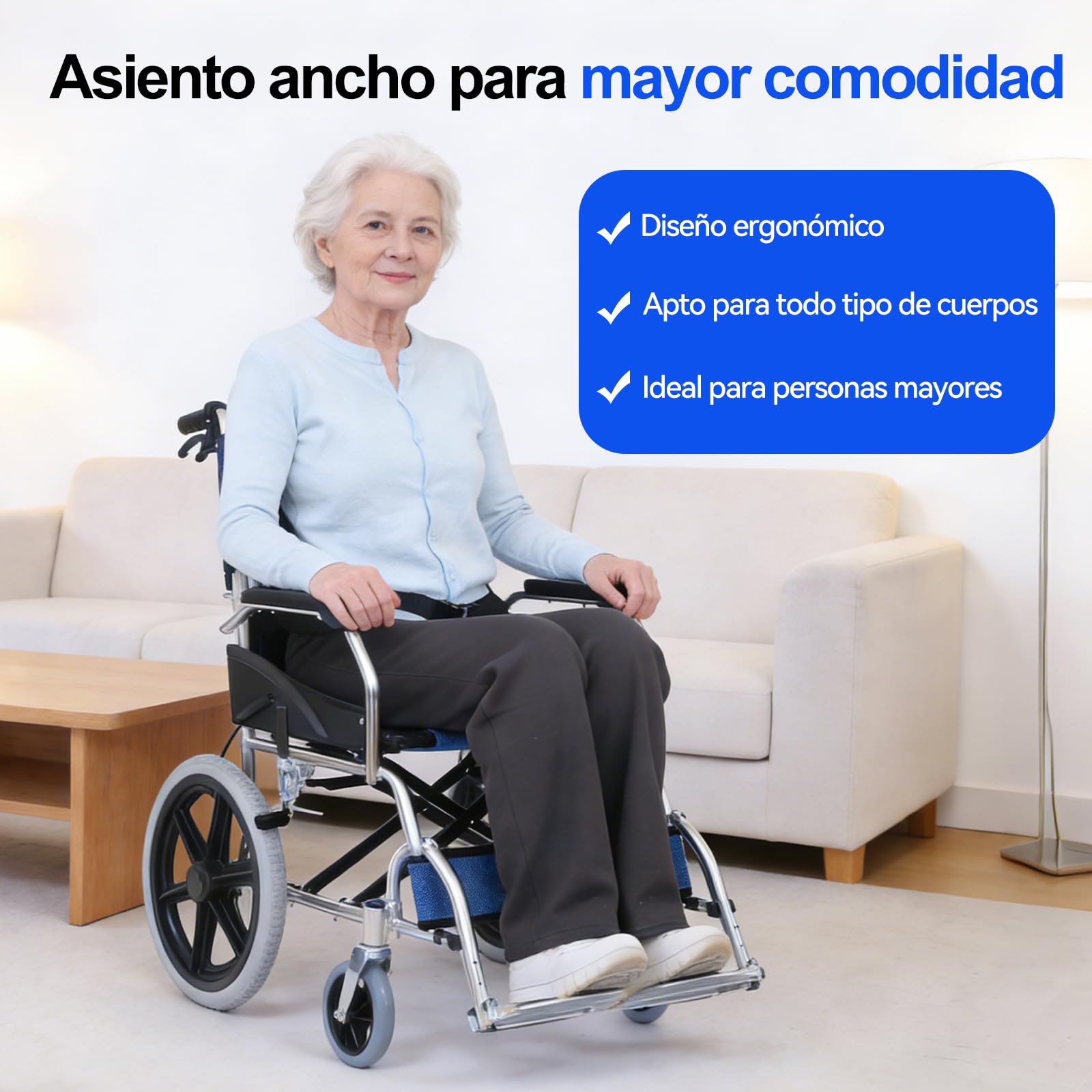 M3 Silla de Ruedas Plegable y Ligera - Doble Freno, Capacidad de Carga 100Kg, Reposapiés Plegables, Ideal para Personas Mayores y con Movilidad Reducida-Azul
