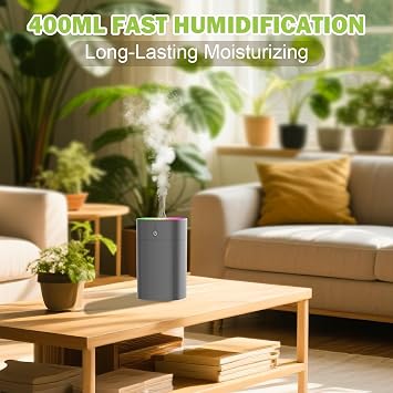 Portable Mini Humidifiers for Bedroom, 400ml Aroma Diffuser for Home Personal Desktop Plant Humidifier Indoor Fragrance Aroma Diffuser with 2 Modes, Night Light and Auto-Off Small Diffuser for Car