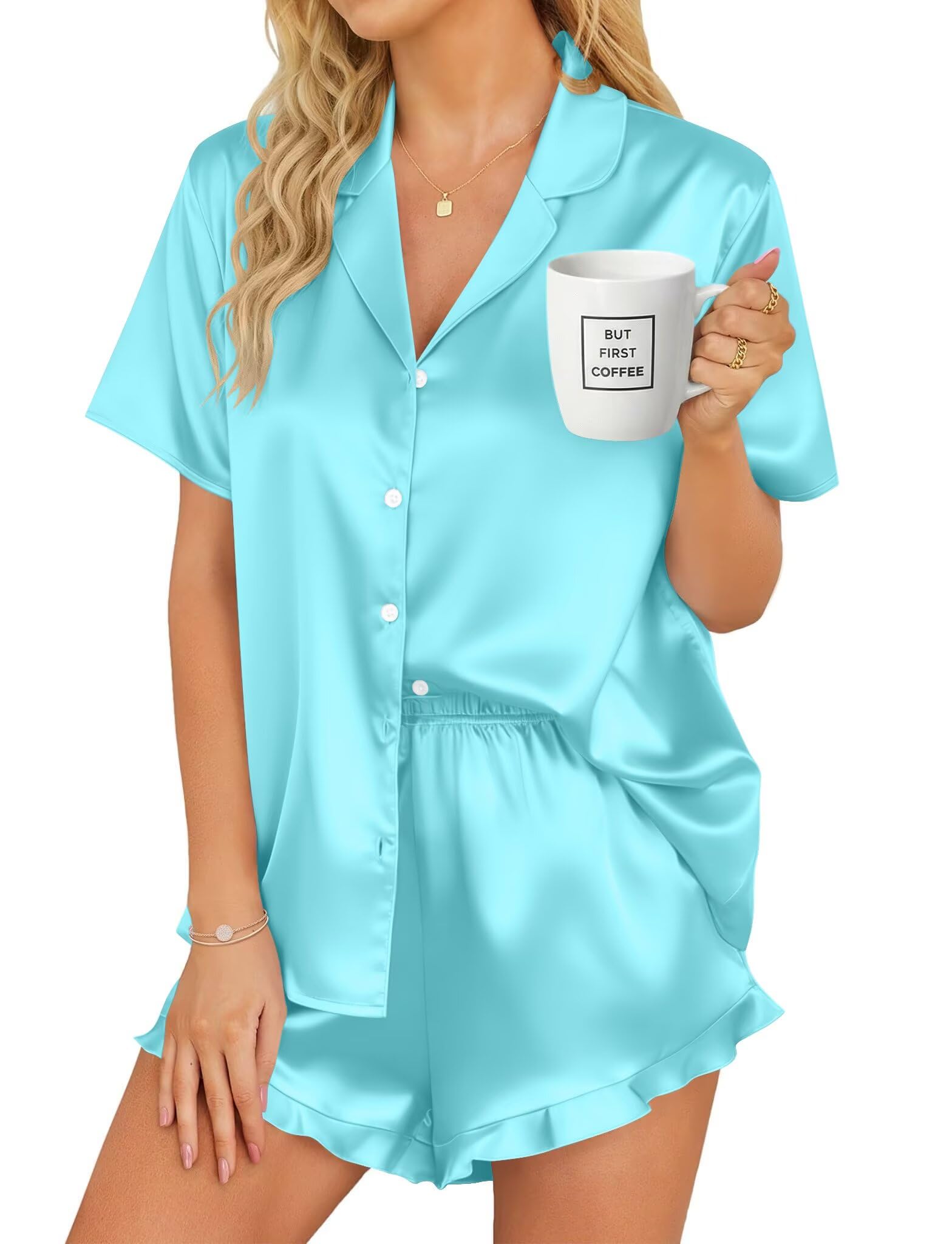 SWOMOG Women's Silk Satin Pajamas Set Short Sleeve Button Down Sleepwear Ruffle Hem Shorts PJ Sets Two-Piece Loungewear