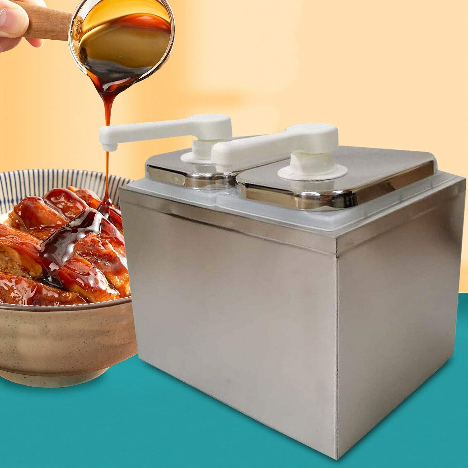 Gdrasuya10 Commercial Sauce Dispenser Pump Stainless Steel Condiment Pump Station Squeeze Condiment Dispensing Pump Buffet Equipment Dual Bucket for Salad Jam Sauce Squeeze (4L/2 Head)