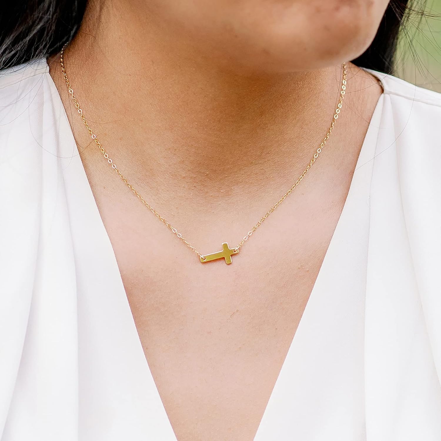 Designed By Stacey Handmade Dainty Sideways Cross Pendant, 14K Gold-Filled Necklace, Sentimental Gift for Women, Mother's Day, Godmother Proposal, Graduation, Confirmation, 14 to 16" Adjustable Length - Image 2