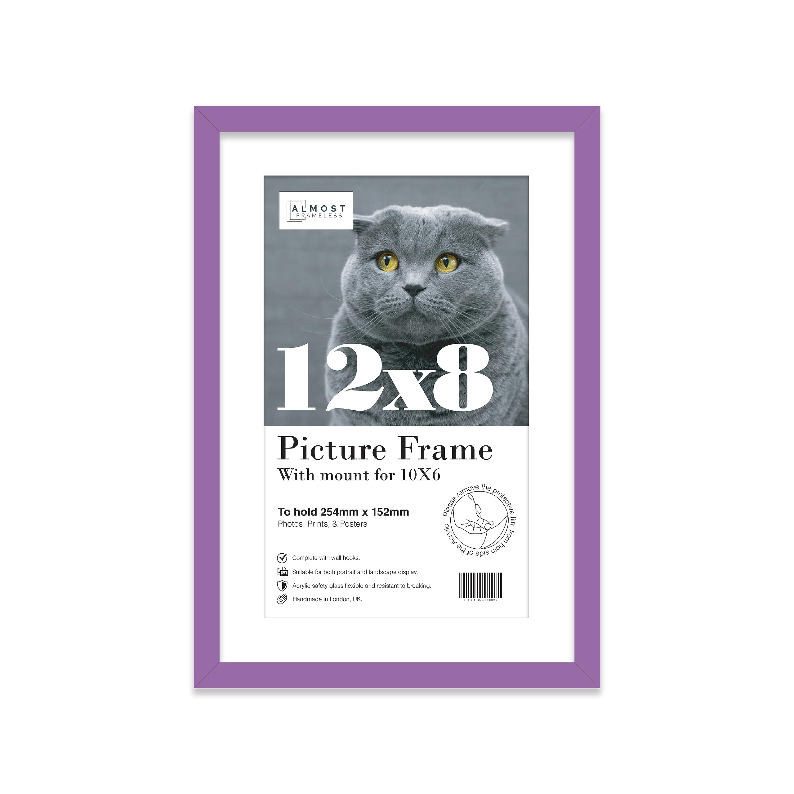 Almost Frameless 12x8 Purple Picture Frame With Mount for 10x6 Print, Poster or Photo Poster, Photo, Artwork, or Print. Thin Edge Slim Frame Portrait and Landscape Display with Wall Hooks