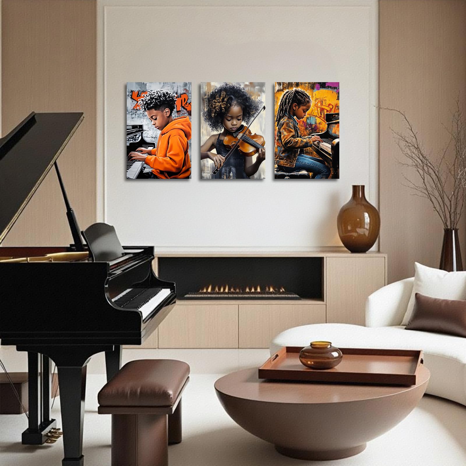 Set di 3 stampe artistiche da parete senza cornice, motivo musica nera ragazzo ragazza che suona pianoforte violino immagini afroamericani bambini stampe jazz poster per la camera dei bambini