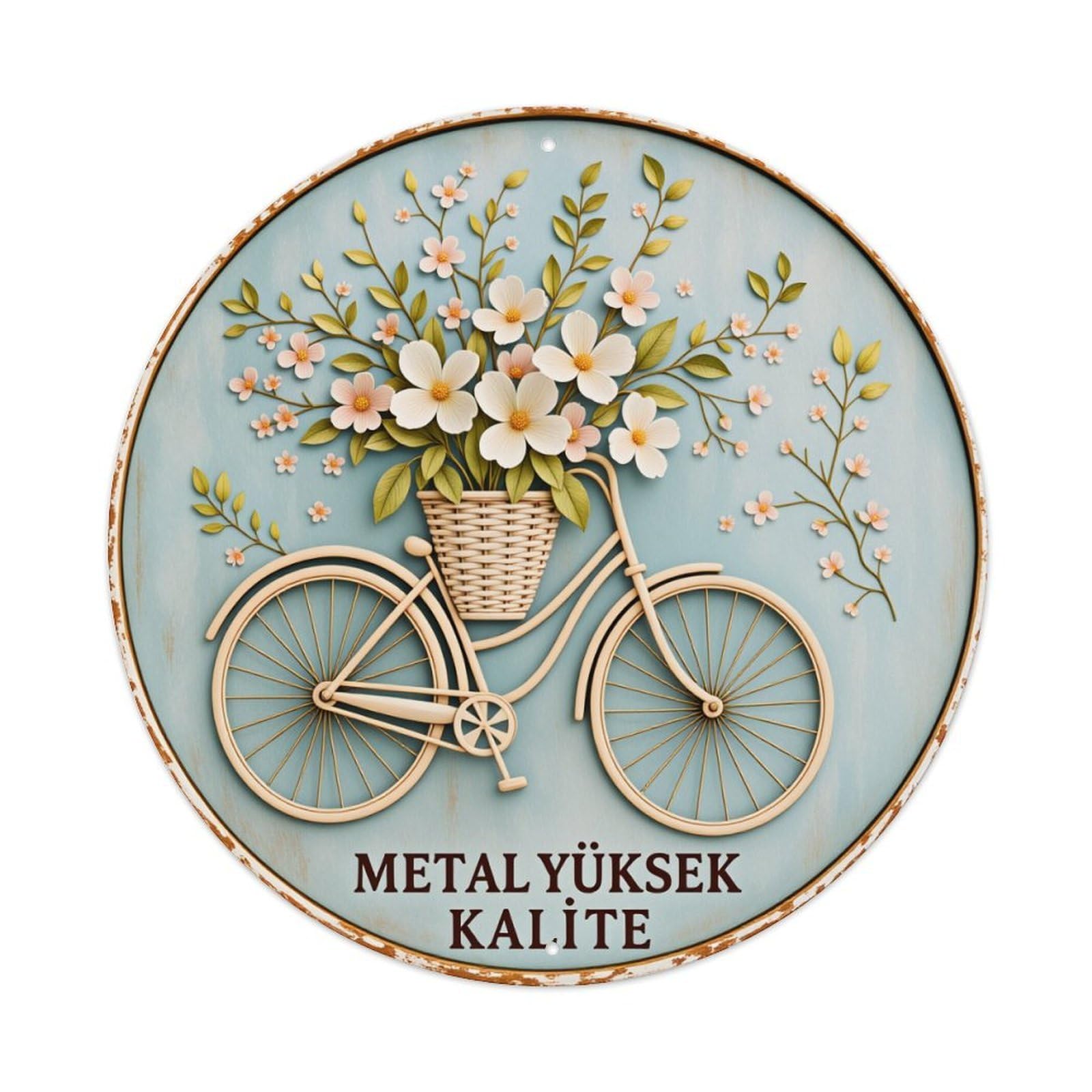 Floral Bicycle Basket Metal Art Round Tin Sign Vintage Style Metal Sign Home Bar Garden Wall Plaque Decor Metal Poster 8x8 Inch