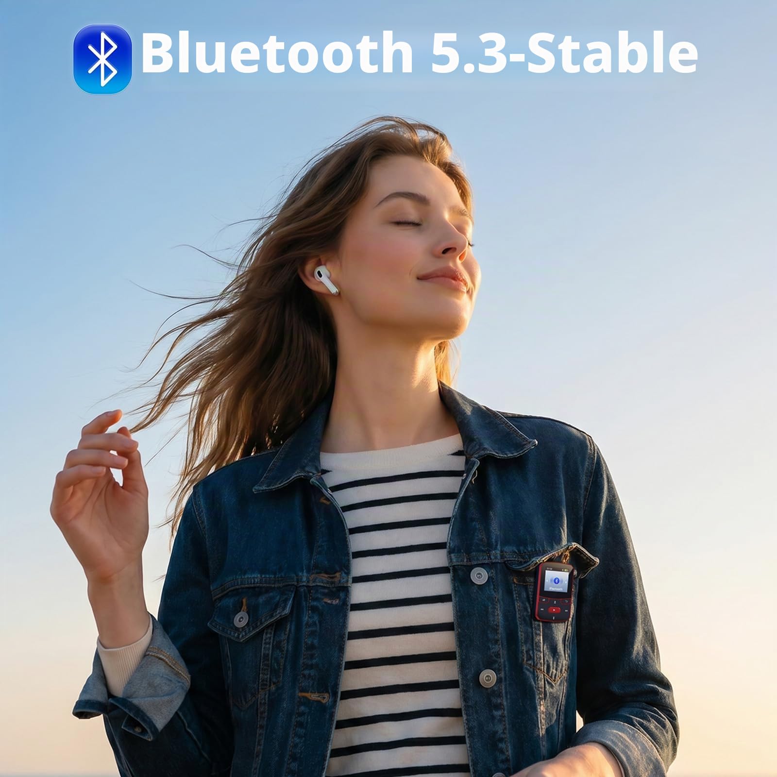 Lecteur MP3 64Go Bluetooth 5.3, Mini Portable 29g Fonction Reprise, Baladeur Numérique Sport Clip avec Boutons Physiques pour Utilisation à l'Aveugle, Radio FM, Dictaphone, Extensible jusqu'à 128Go