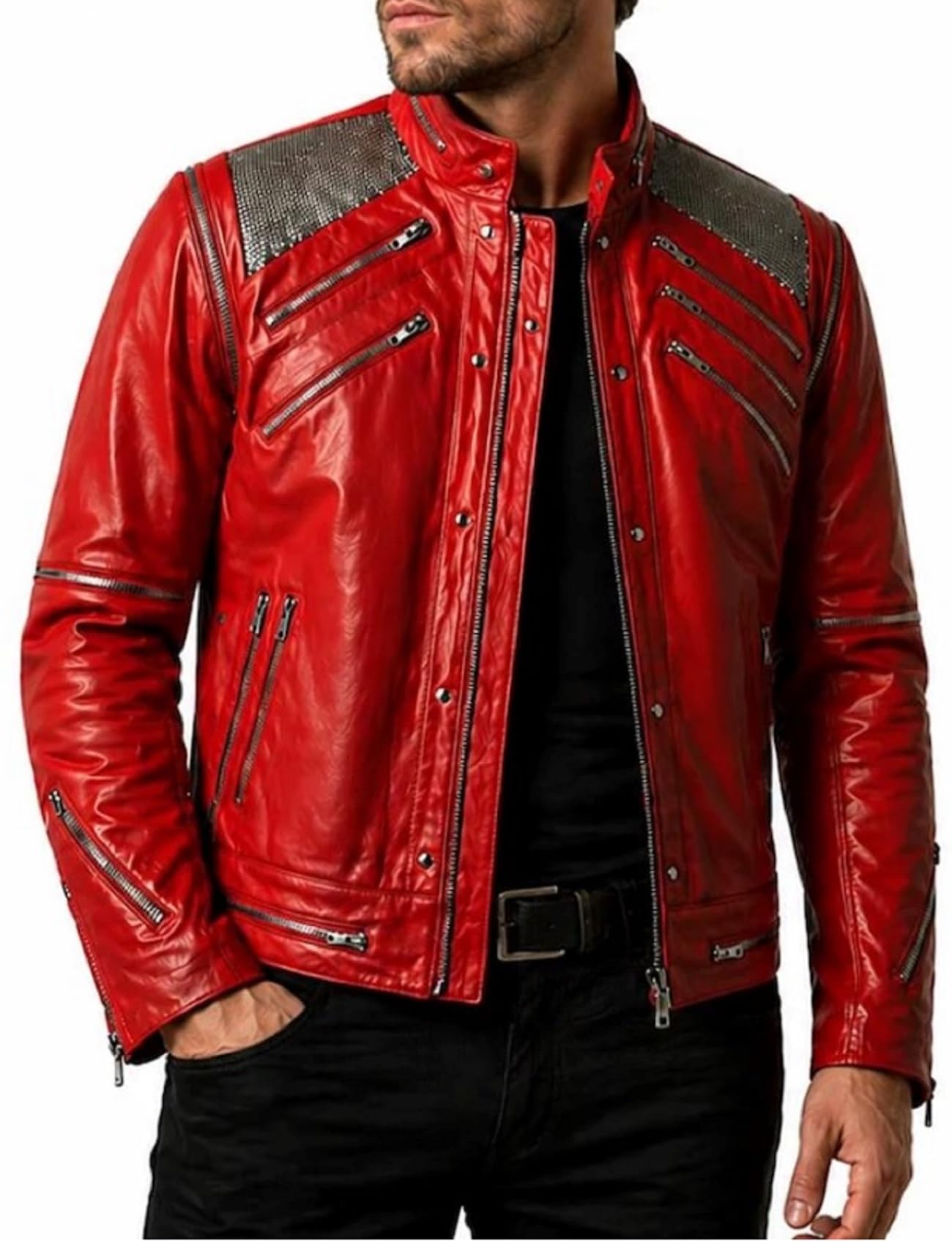Chaqueta de cuero rojo inspirada en el famoso cantante legendario para hombre, para concierto, cosplay, Halloween y Navidad