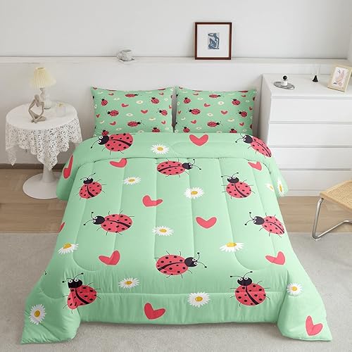 Juego de ropa de cama de mariquita roja, tamaño matrimonial, lindo relleno de edredón de reptil de mariquita de dibujos animados para niños, niñas y
