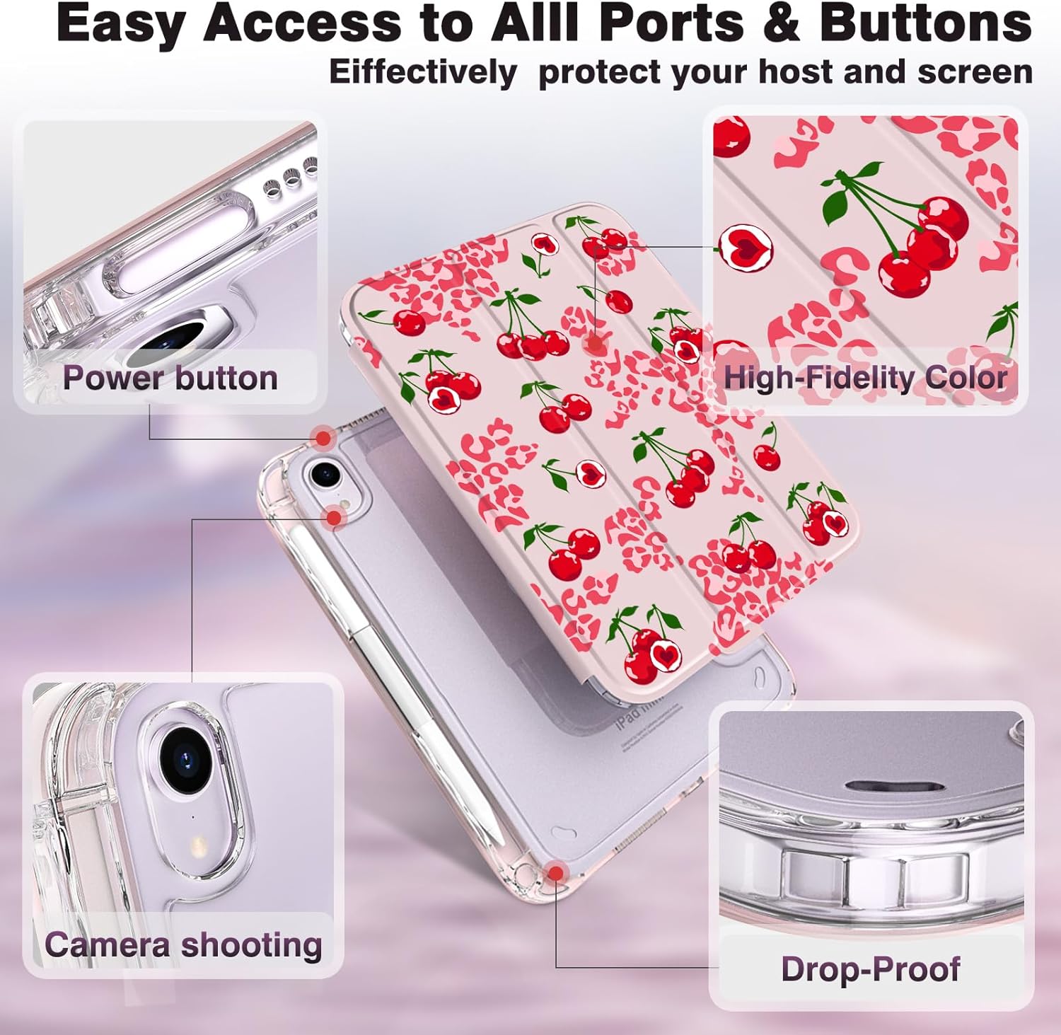 Leopard Kawaii Cherry for iPad mini 6/7 Case 8.3 Inch (2021/2024) with Pencil Holder, Pink Cute Protective Cover for Women & Girls, Tri-Fold Stand Hands-Free Viewing, Auto Sleep/Wake (Cherry Leopard)