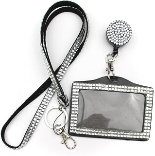 ALL in ONE Rhinestone Lanyard Bling Crystal Necklace + Badge Reel + Horizontal Card Holder for Business Id/Key (White)