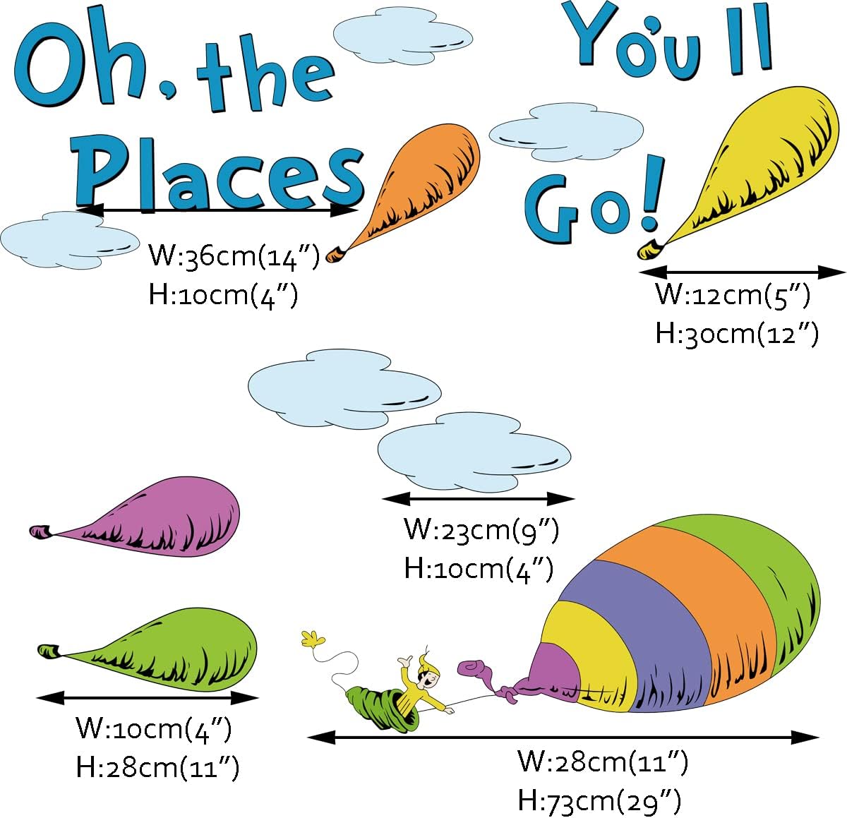 Runtoo Oh The Places You'll Go Wall Art Decal Inspirational Quotes Hot Air Balloon Wall Stickers Kids Reading Room Playroom Bedroom Wall Decor