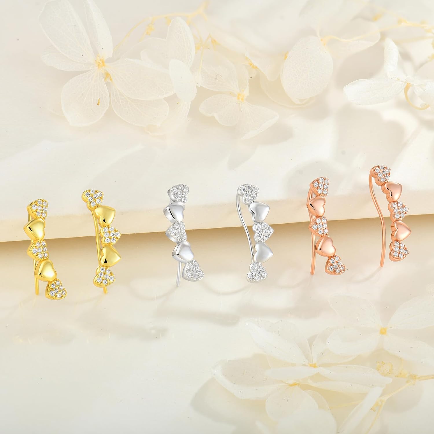 Heart Climber Earrings for Women 925 Sterling Silver White/Yellow/Rose Gold Plated Cubic Zirconia Ear Crawler Earrings Jewelry - Image 2