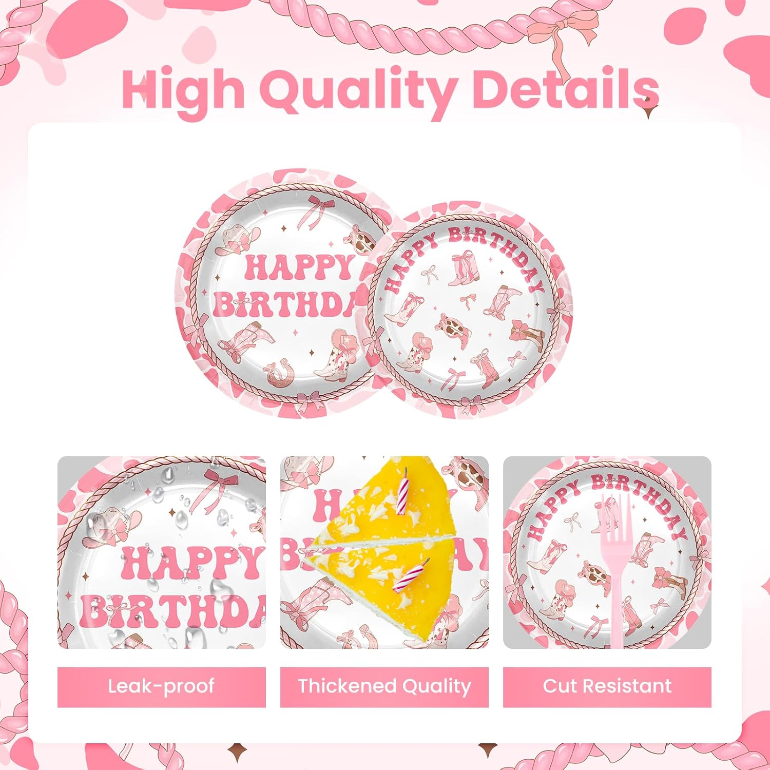 Avezano 96 PCS Cowgirl Birthday Party Decorations Disposable Pink Coquette Bow Tableware Western Cowgirl Birthday Plates and Napkins for Women Girls, Serves 24