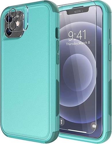 Diverbox Funda para iPhone 12 [a prueba de golpes] [a prueba de caídas] [protector de pantalla de vidrio templado + protector de lente de cámara],