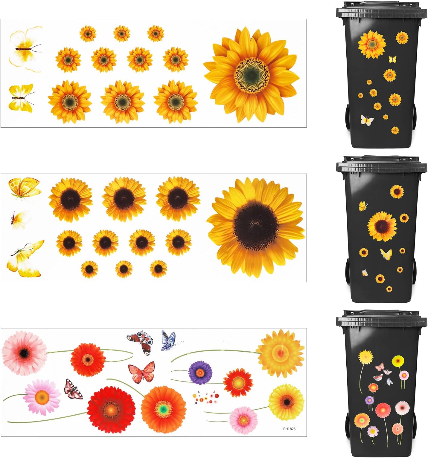 Fanshiontide 3 Sheets Wheelie Bin Stickers Flowers, Self Adhesive Sunflower Colorful Flower and Butterfly Sticker Waterproof Vinyl House Decorative Stickers Bin Labels for Cars Wall, Door, Bin, Fridge