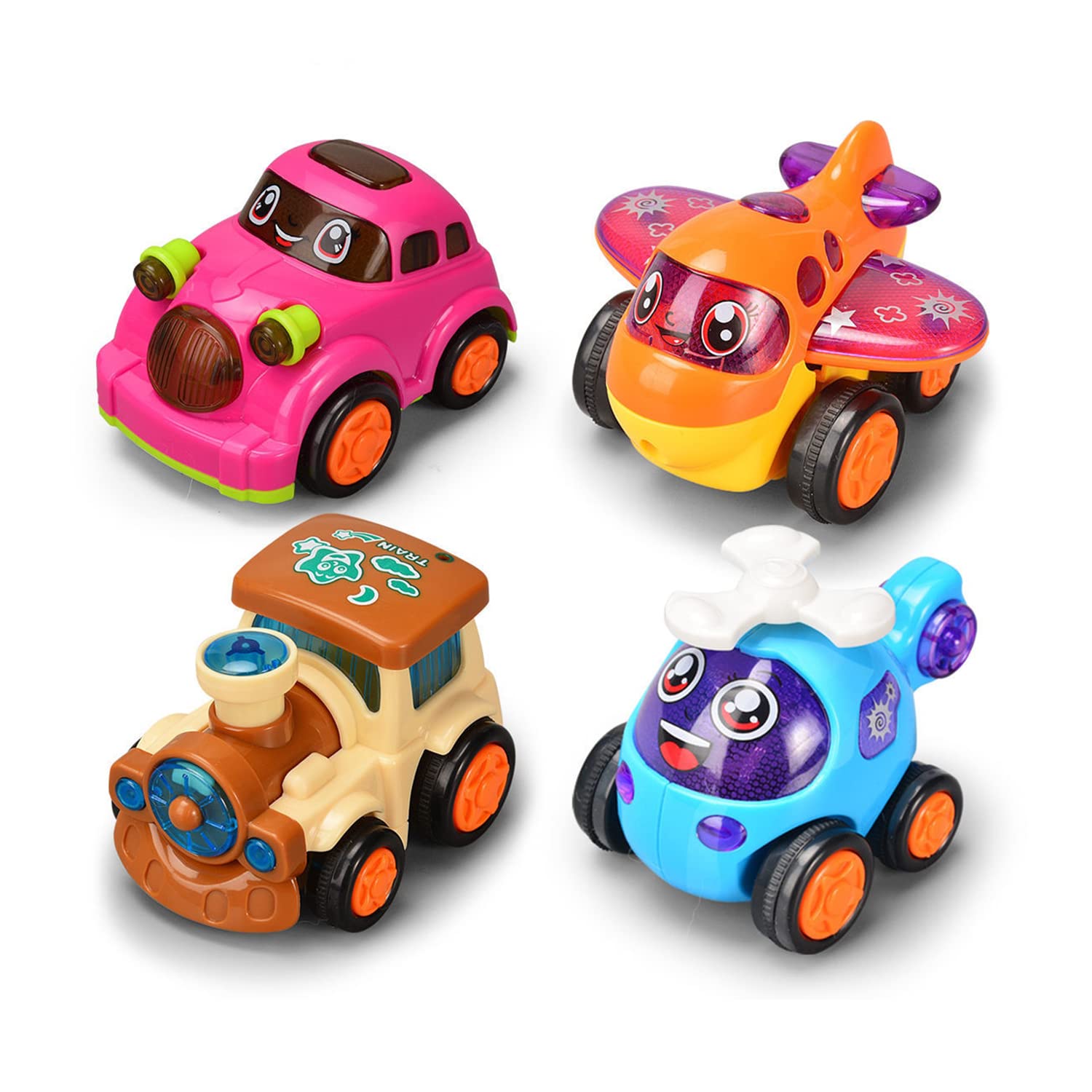 Yosen Pull Back Car Toys 4 PCS, Push Cars for Toddlers, Friction Powered Cars, Inertia Car Toys for Kids