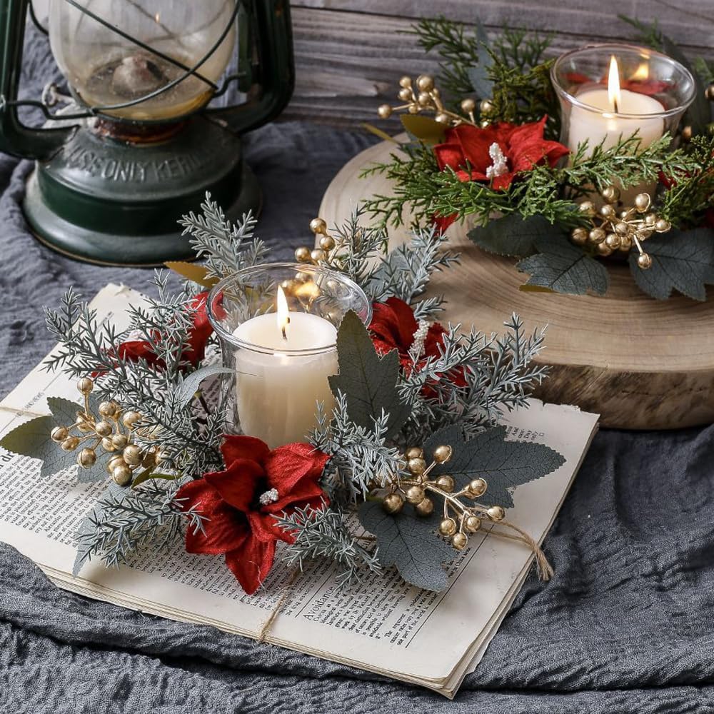 Christmas Candle Ring Kitchen Cabinet Wreath Xmas Table Centerpieces 9.8" Mini Rings Wreaths Candle Holder for Pillars Rustic Home Decor
