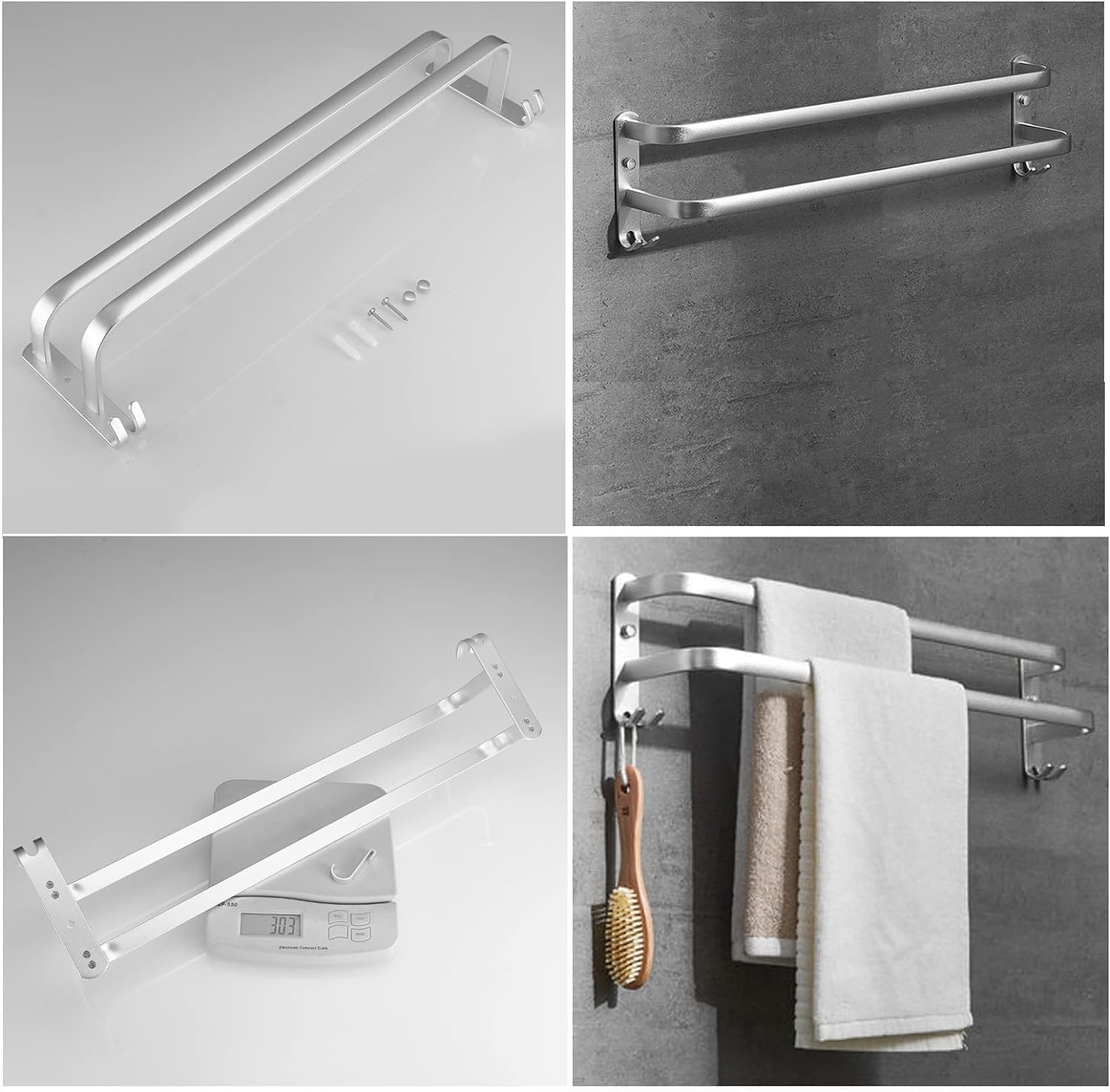 Toallero montado en la Pared, Barra Doble Plateada de 40 cm - 60 cm con Ganchos para toallero, toallero de Acero Inoxidable para Cocina, baño o Inodoro, Acabado Pulido, Multicolor, 40 cm