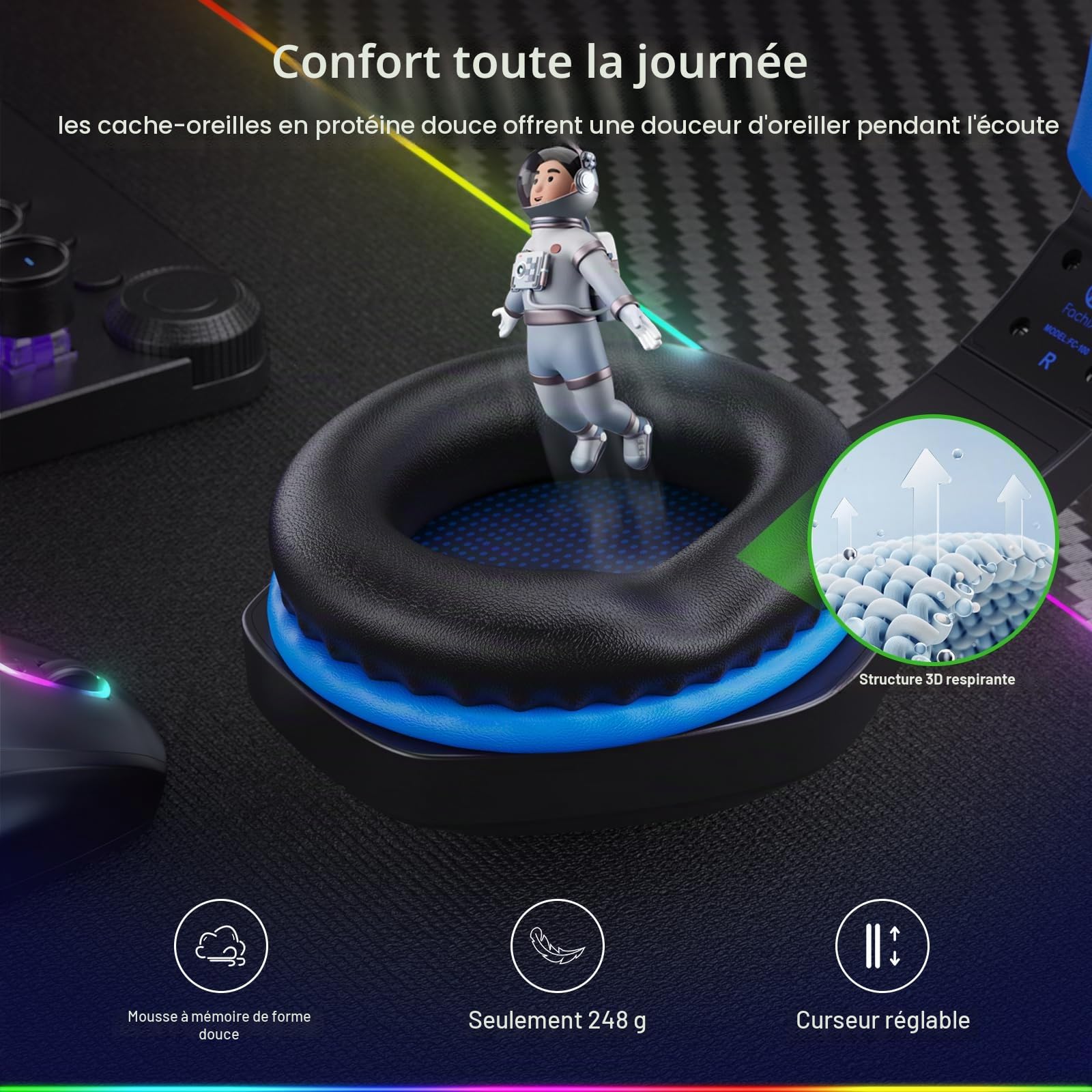 Fachixy FC100 Casque de Jeu sans Fil avec Microphone, 2,4 G, pour PS5, PS4, PC, Switch, Mac, Son Surround, Bluetooth, sans Fil, avec lumière LED, Plus de 50 Heures d'autonomie