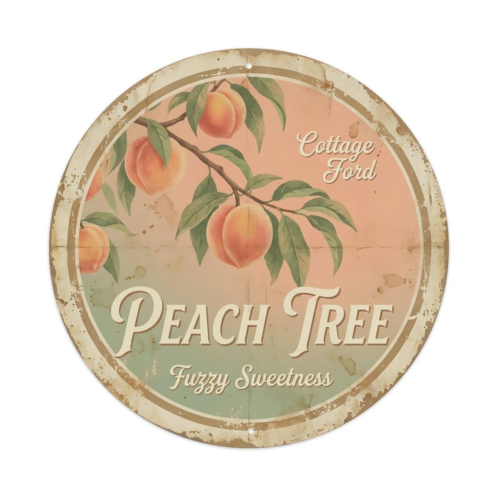 Cxhjca 8X8inch(20X20cm) Vintage Cottagecore Garden Peach Tree Fuzzy Fruit Metal Tin Sign