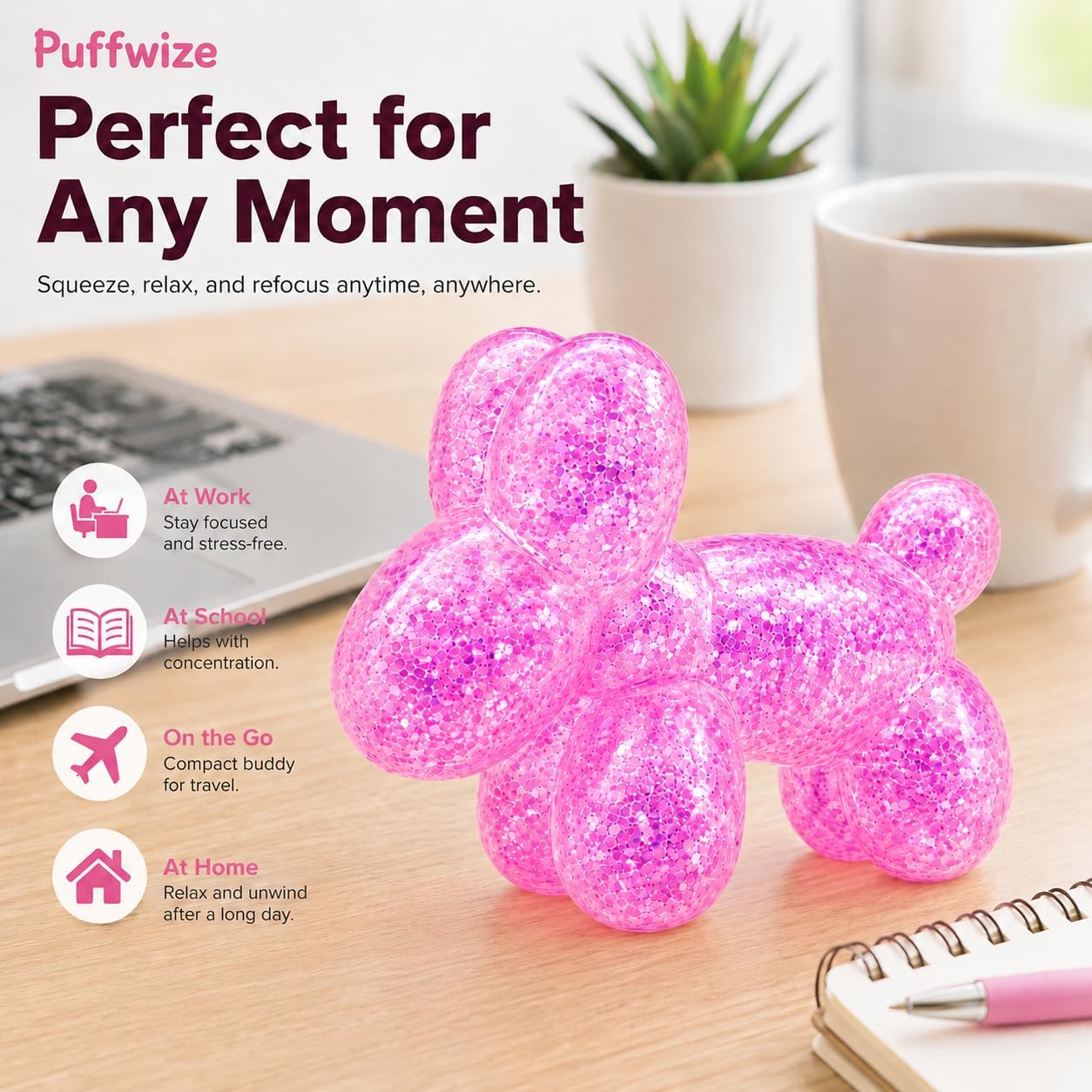 Dog Shaped Squeeze Toy, Glitter Balloon Animal Squishy (Pink) image 2