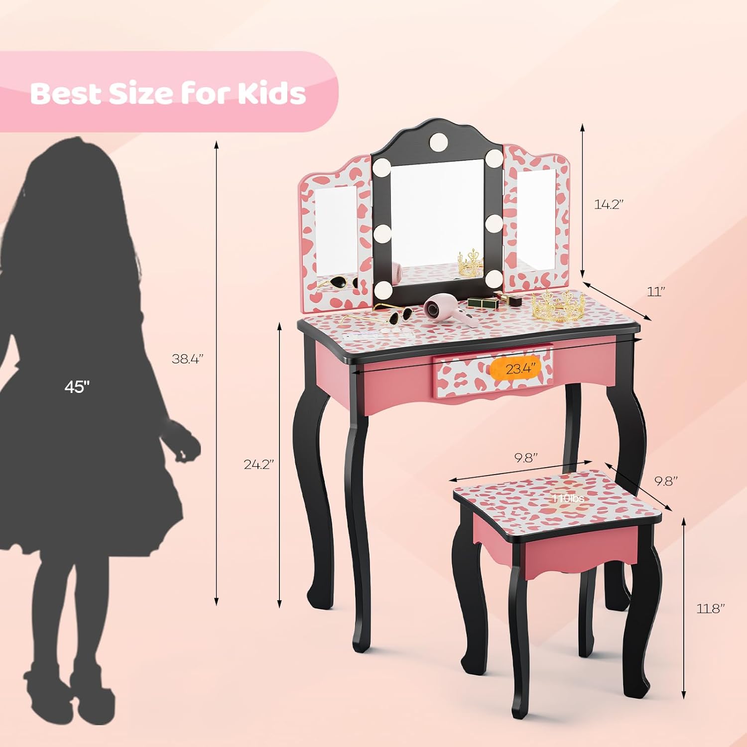 JOYMOR Kids Vanity Table and Chair Set, Girls Vanity with Leopard Print, Tri-Fold Mirror & Lights, Princess Makeup Desk for Girls, Pink