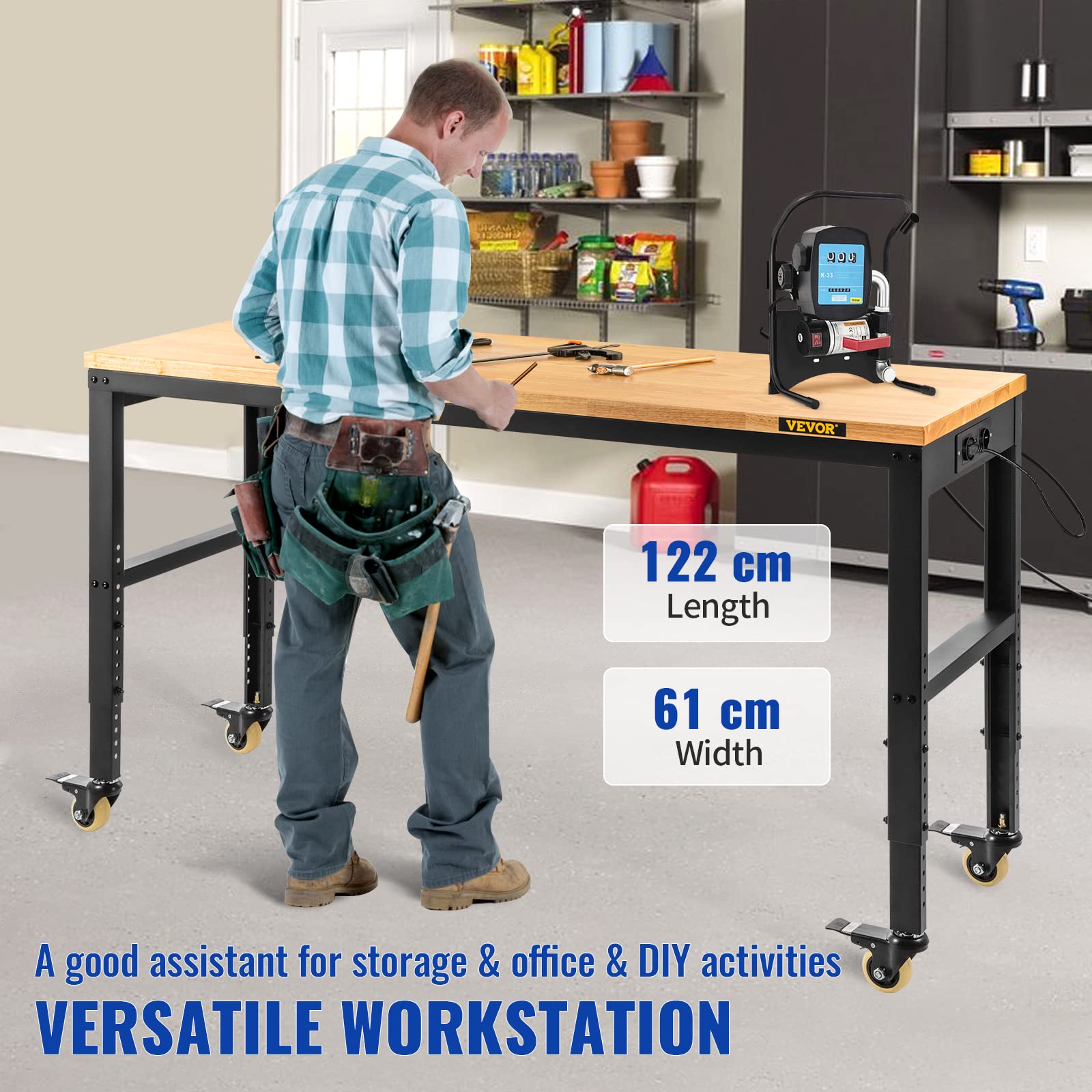 VEVOR Stół warsztatowy z regulacją wysokości, 122 cm dł. x 61 cm szer. x 104 cm wysokości, stół garażowy o wysokości 79-104 cm, pojemność 725,7 kg, z gniazdami i płytą z twardego drewna, metalową ramą