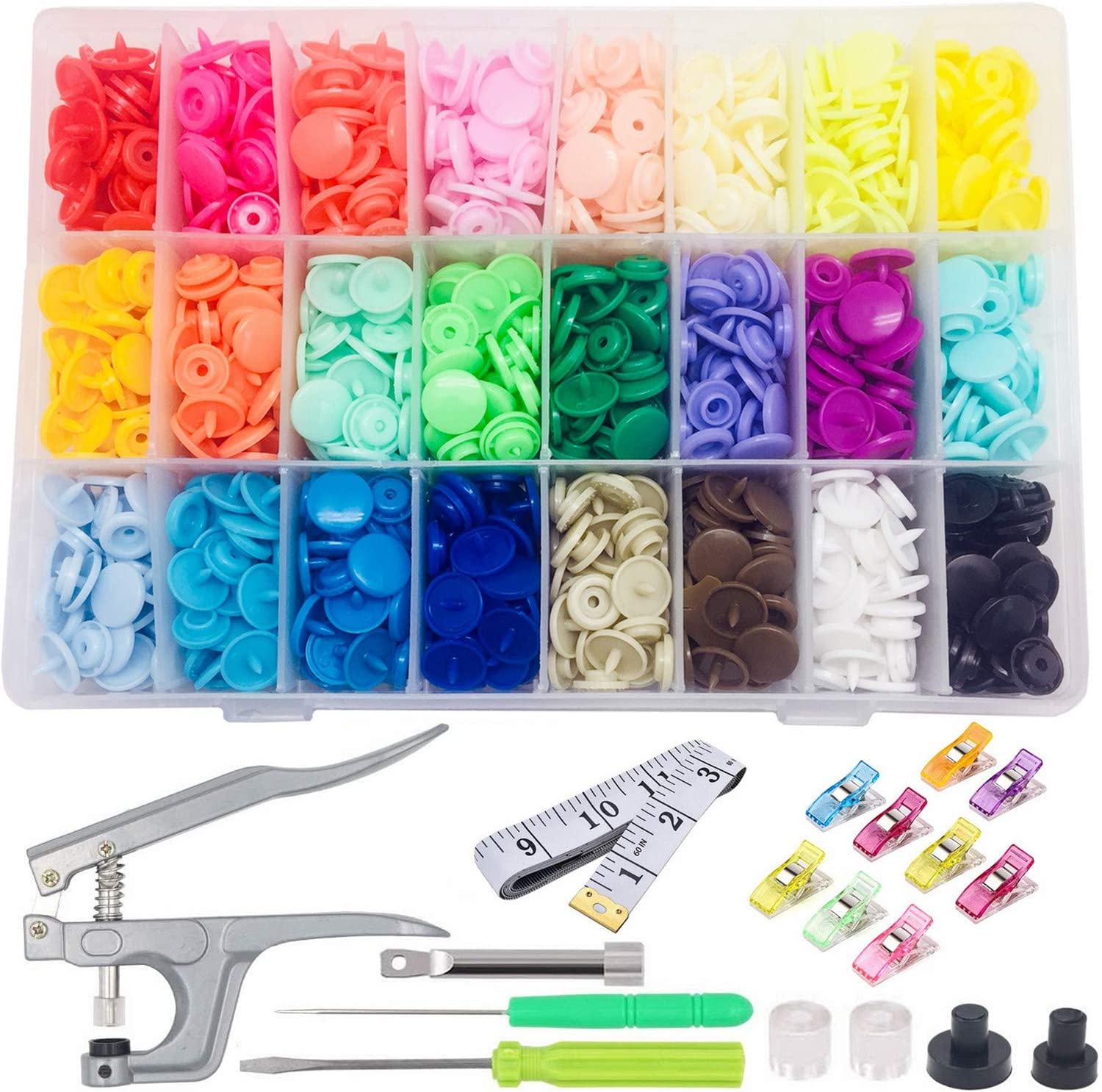 FQTANJU Snaps and Snap Pliers Set, 1440 Pcs T5 Plastic Buttons Set with 10pcs Sewing Clips and 1pcs Measuring Tape for Sewing, Snap Fasteners kit for Sewing, Clothing, Crafting, Diaper, Bibs (360Sets)