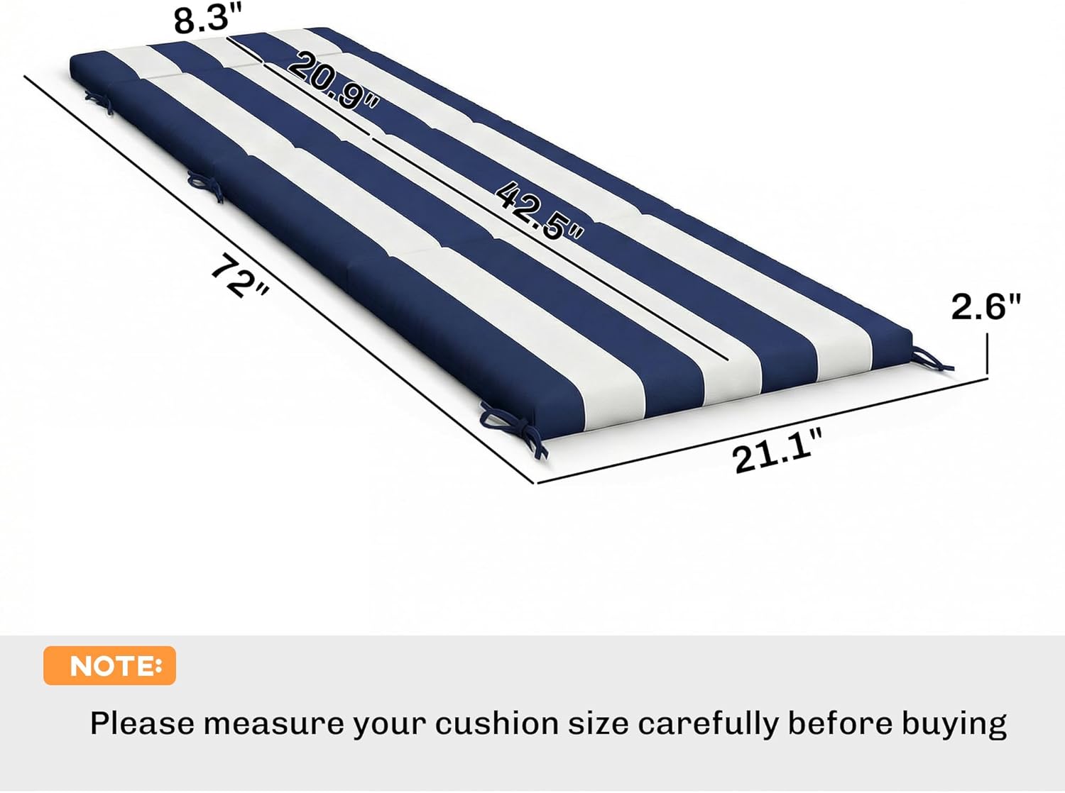 Outsunny Outdoor Chaise Lounge Cushions Set of 2, Chaise Lounge Cushions with 6 Ties, High-Density Foam, 72 x 21.1 x 2.6 Inch Water-Repellent and UV-Resistant for Patio, Poolside, Dark Blue and White