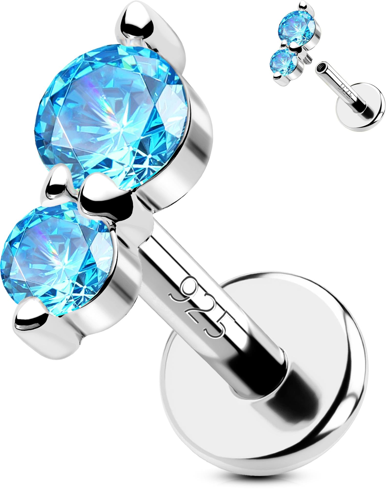 OUFER 925 Sterling Silver Helix Piercing Jewellery 16G 6mm Conch Tragus Flat Back Cartilage Earring Internally Threaded Blue CZ Upper Top Lower Ear Ring Nose Studs Women Men