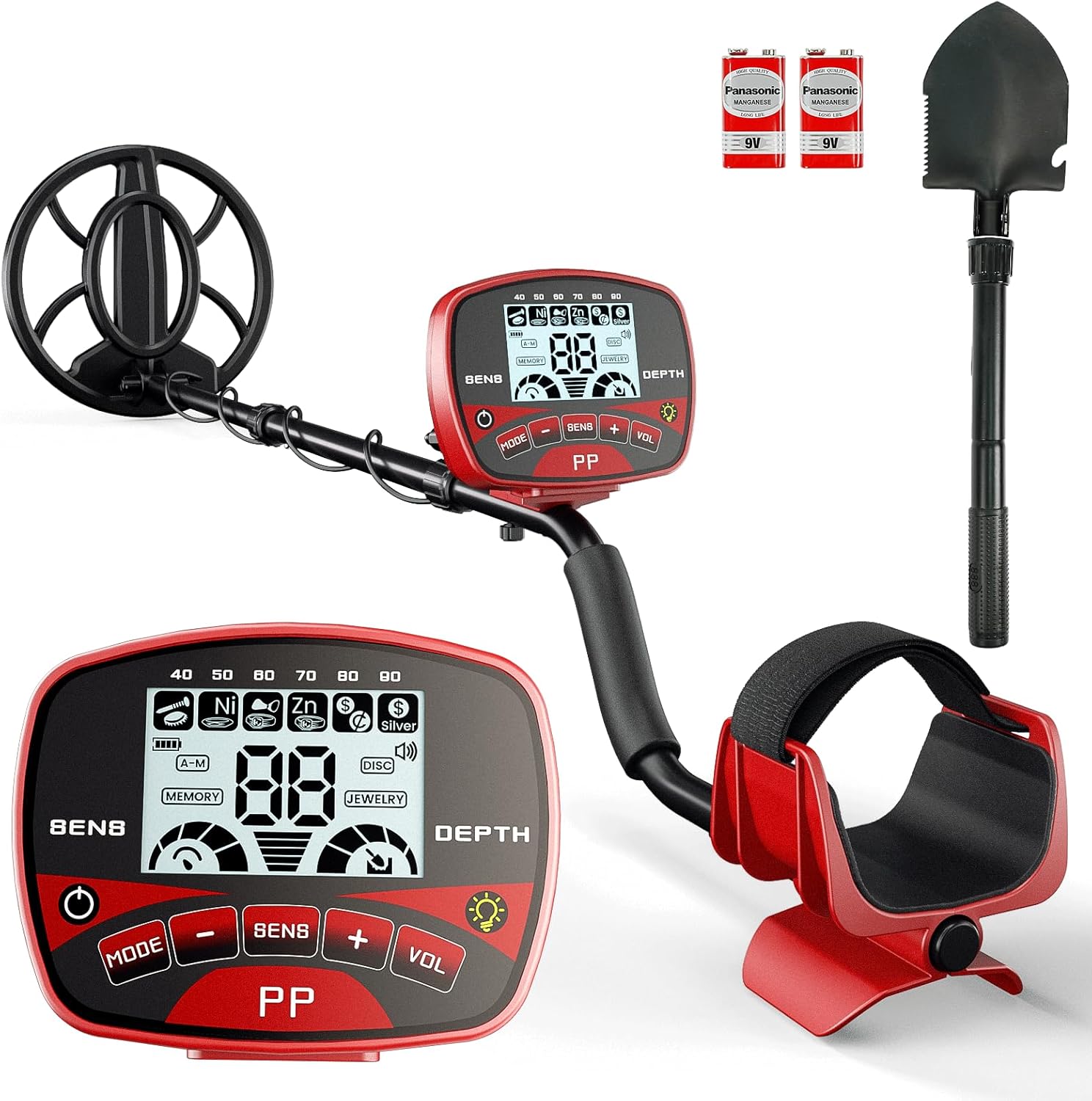 Metal Detector for Adults & Kids Professional Cordless Gold Detector 5 Modes, Advanced DSP Chip, Adjustable Length, Backlight LCD Display, 10" Waterproof Search Coil - Red