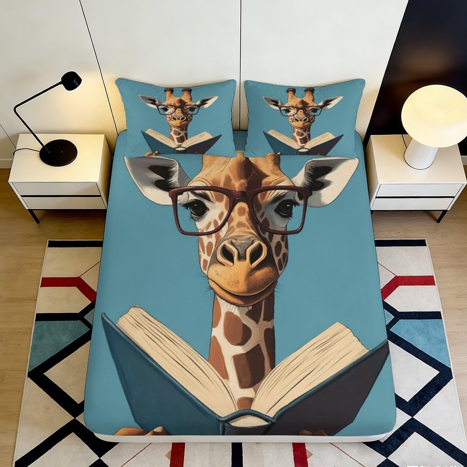 3D Printed Reading Giraffe Fitted Sheet Microfiber Anti-Slip Cartoon Animal Bed Cover for Bedroom Dorm Mattress Protector, Blue 120x200x25cm