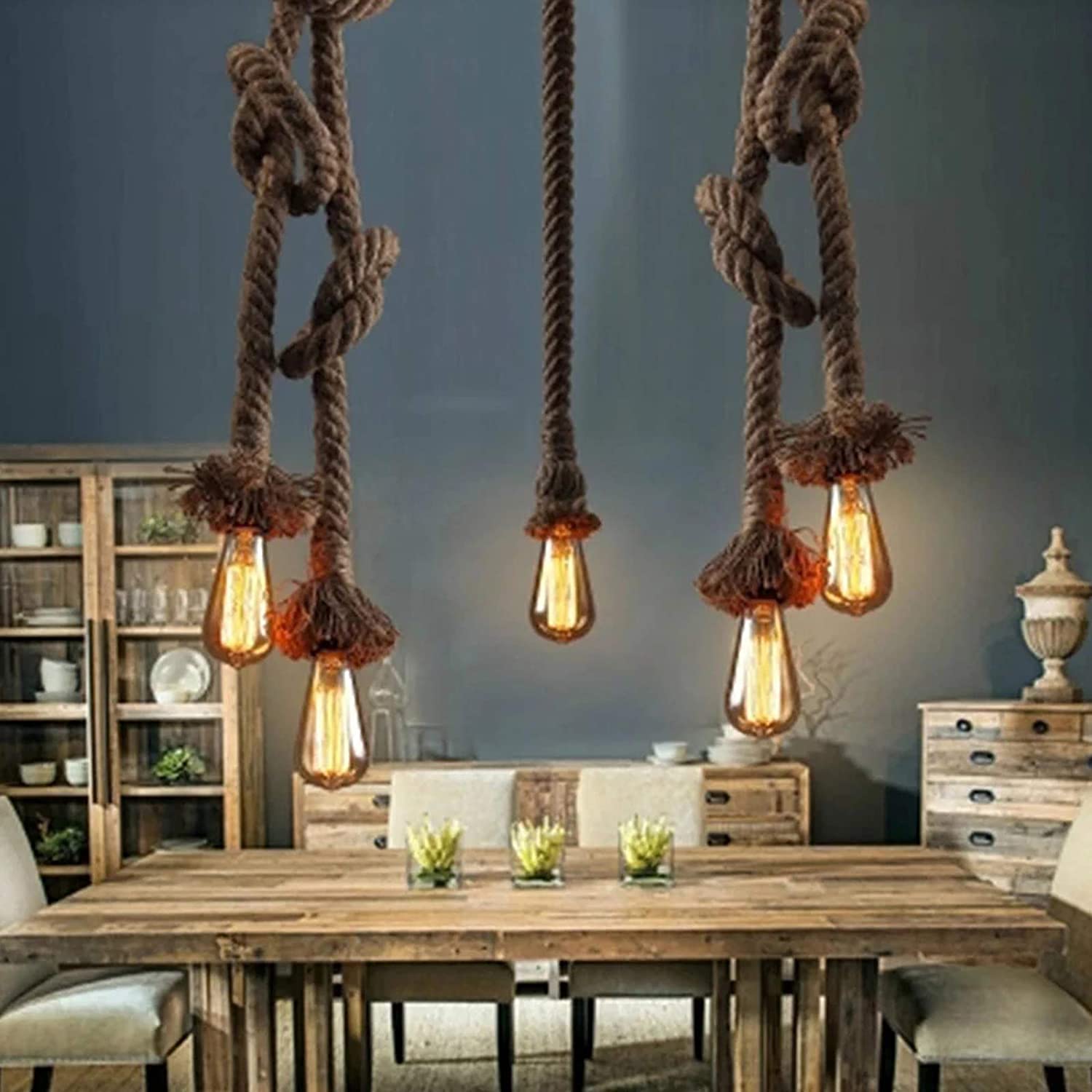Restorent Bulb Rope Edison Bulb Rope Chandelier Lindby Pendant Light Rom, 5 Bulb, Wood,