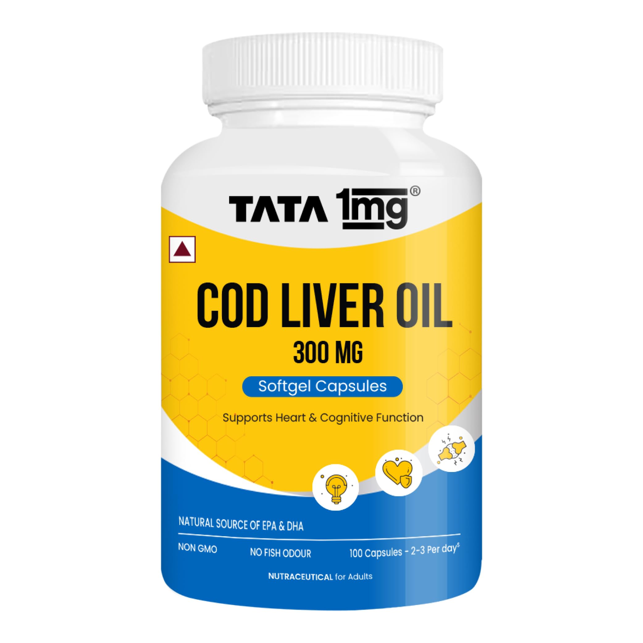 Tata 1mg Cod liver Oil Capsule with Omega 3 (EPA & DHA), Vitamin A & Vitamin D, Supports Heart,Brain & Vision, For Men & Women, No Fish Odour & Non-GMO (Pack Of 100)