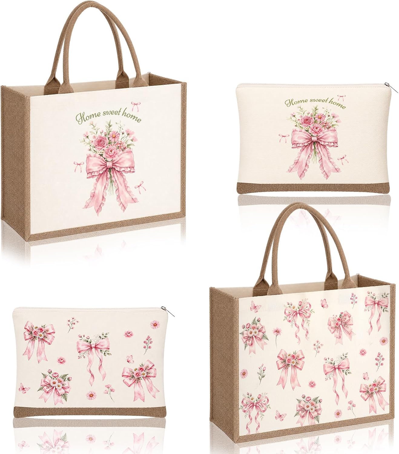 Bencailor 4 Pcs Housewarming Gift Bow Bags Set Pink Bow Burlap Tote Bags