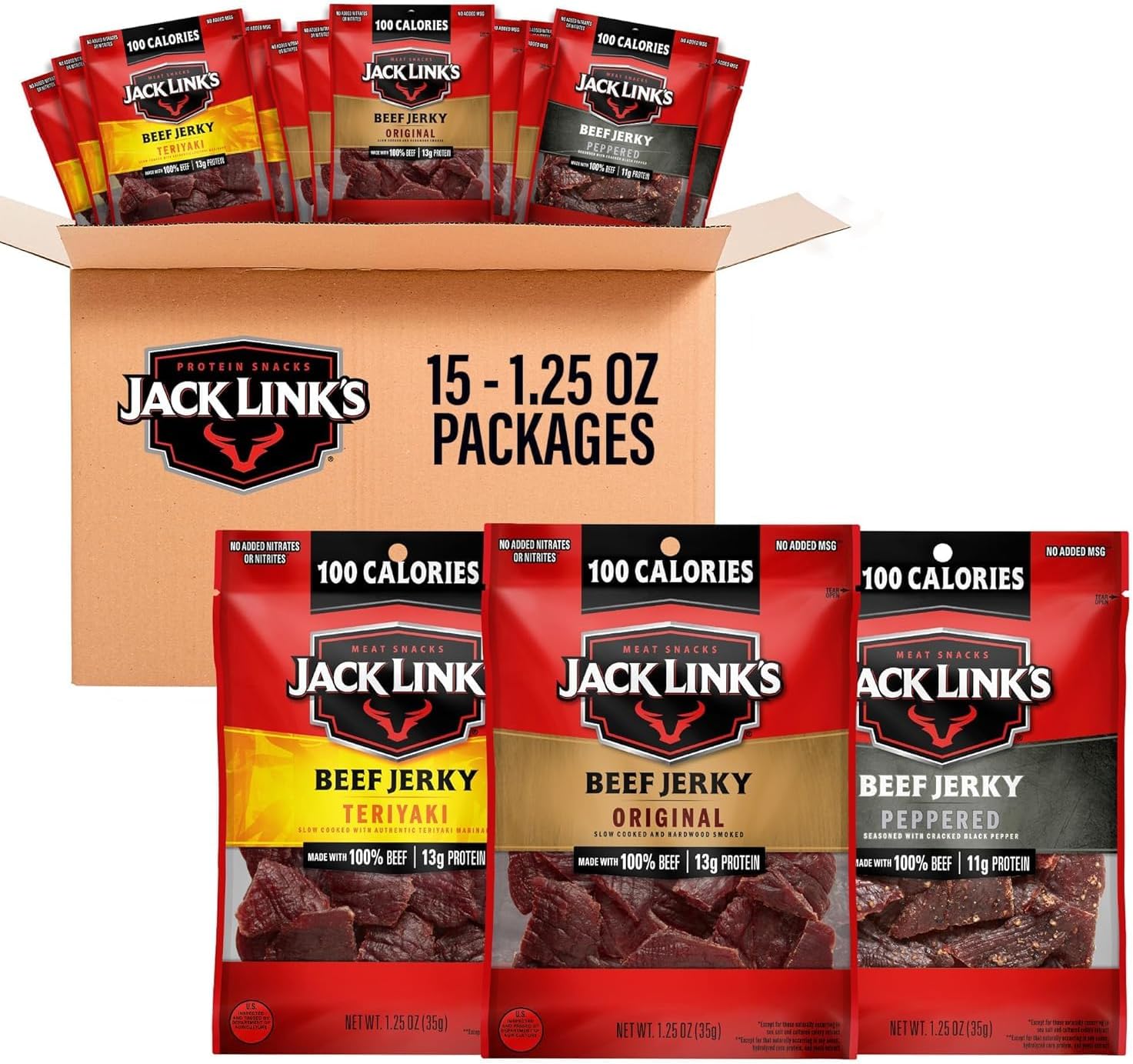 Beef Jerky Variety Pack Great for Easter Basket Stuffers - Includes Original, Teriyaki, and Peppered Beef Jerky - 96% Fat Free, No Added MSG-1.25oz (Pack of 15)