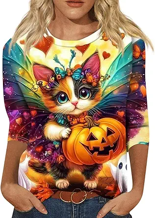 Cute Funny Halloween Shirts for Women Plus Size 3/4 Length Long Sleeve Womens Tops Witch Gothic Renaissance Shirt